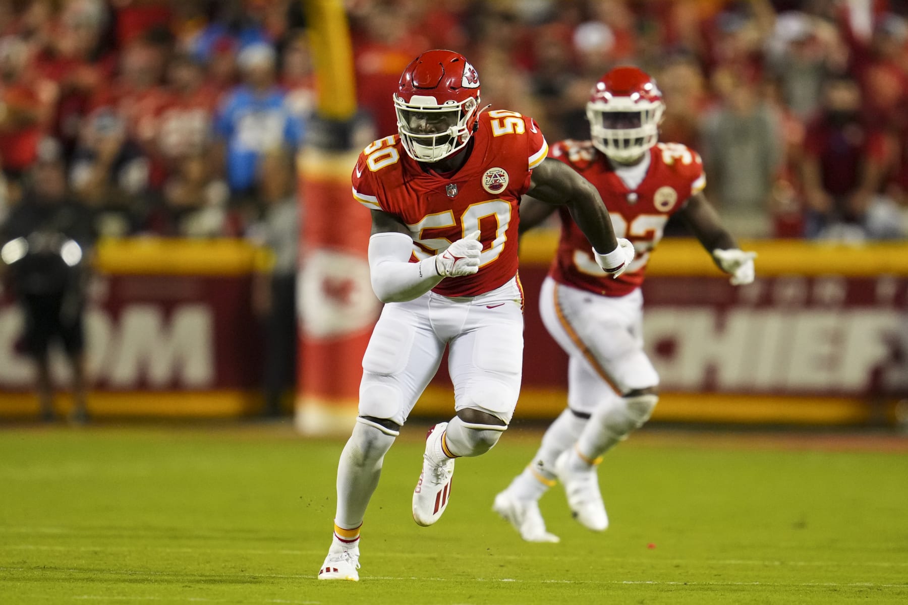 KANSAS CITY, MO - SEPTEMBER 15: Willie Gay #50 of the Kansas City Chiefs defends against the Los Angeles Chargers at GEHA Field at Arrowhead Stadium on September 15, 2022 in Kansas City, Missouri. (Photo by Cooper Neill/Getty Images) KANSAS CITY, MO - SEPTEMBER 15: Willie Gay #50 of the Kansas City Chiefs defends against the Los Angeles Chargers at GEHA Field at Arrowhead Stadium on September 15, 2022 in Kansas City, Missouri. (Photo by Cooper Neill/Getty Images)