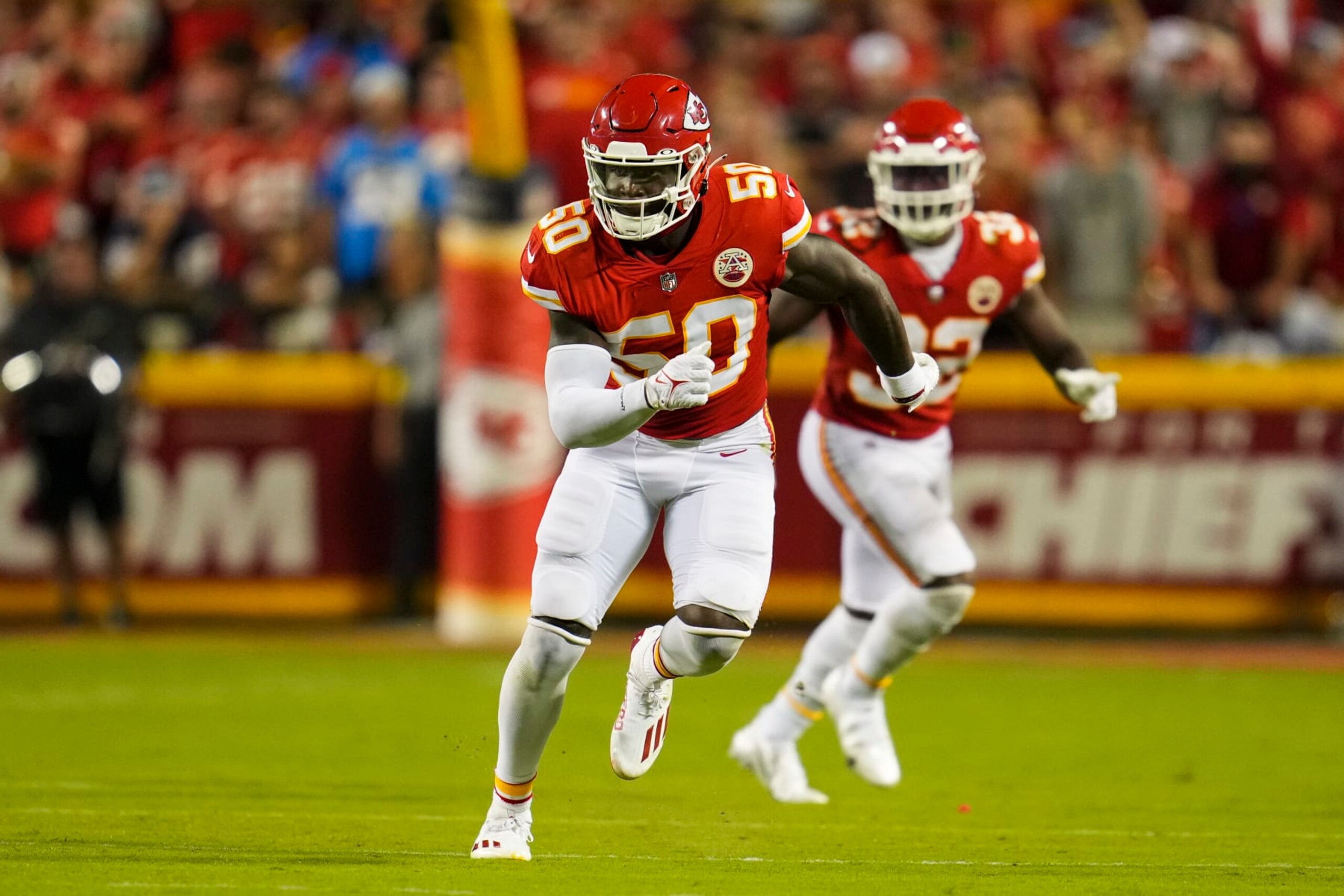 KANSAS CITY, MO - SEPTEMBER 15: Willie Gay #50 of the Kansas City Chiefs defends against the Los Angeles Chargers at GEHA Field at Arrowhead Stadium on September 15, 2022 in Kansas City, Missouri. (Photo by Cooper Neill/Getty Images) KANSAS CITY, MO - SEPTEMBER 15: Willie Gay #50 of the Kansas City Chiefs defends against the Los Angeles Chargers at GEHA Field at Arrowhead Stadium on September 15, 2022 in Kansas City, Missouri. (Photo by Cooper Neill/Getty Images)