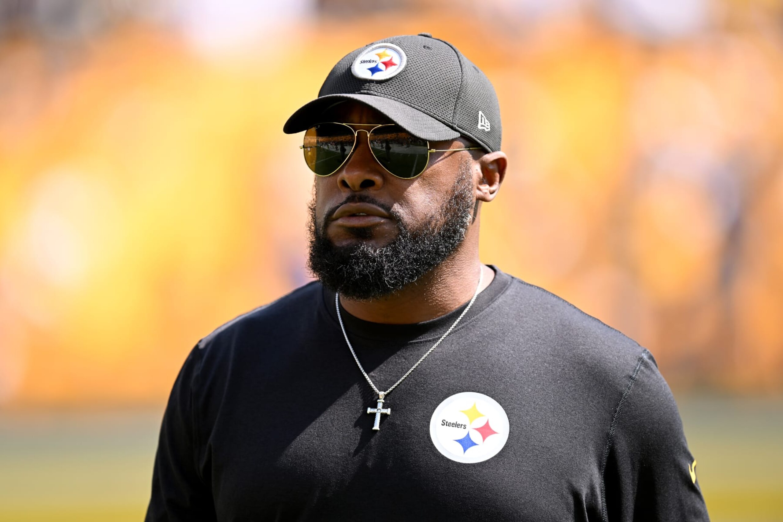 PITTSBURGH, PENNSYLVANIA - SEPTEMBER 18: Pittsburgh Steelers head coach Mike Tomlin watches warm ups before a game against the New England Patriots at Acrisure Stadium on September 18, 2022 in Pittsburgh, Pennsylvania. (Photo by Joe Sargent/Getty Images)