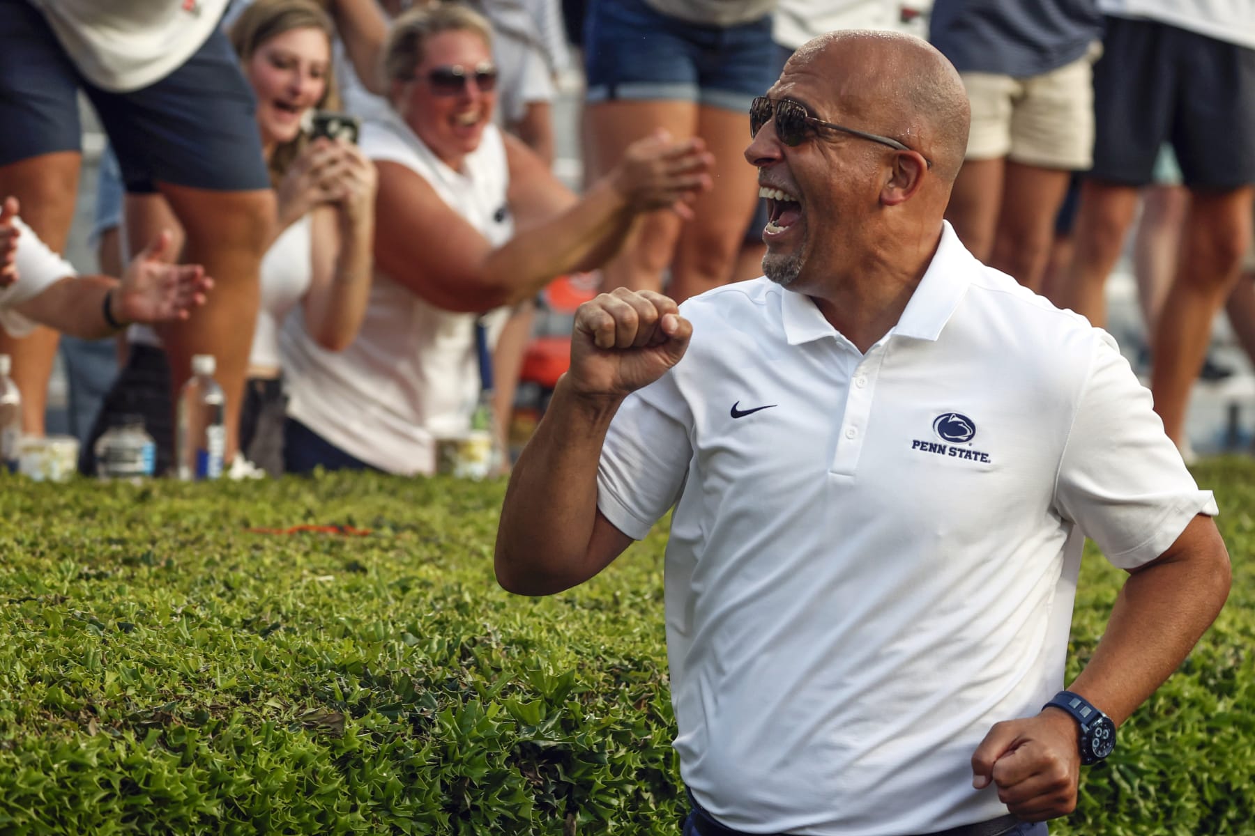 Penn State head coach James Franklin celebrates with fans after their victory over Auburn in an NCAA college football game, Saturday, Sept. 17, 2022, in Auburn, Ala. (AP Photo/Butch Dill) Penn State head coach James Franklin celebrates with fans after their victory over Auburn in an NCAA college football game, Saturday, Sept. 17, 2022, in Auburn, Ala. (AP Photo/Butch Dill)