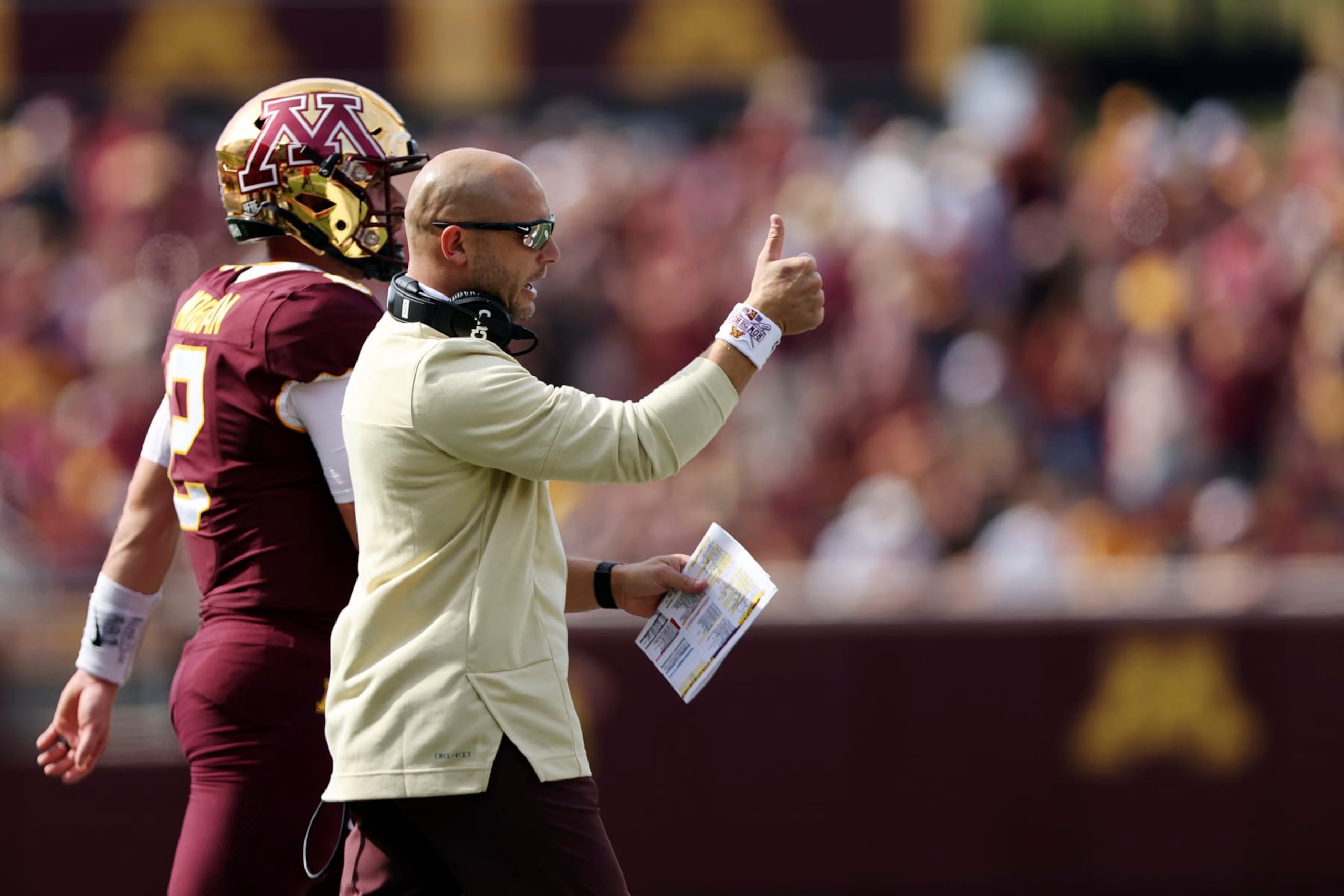 Minnesota head coach P.J. Fleck reacts after a play during the first half of an NCAA college football game against Colorado, Saturday, Sept. 17, 2022, in Minneapolis. (AP Photo/Stacy Bengs)