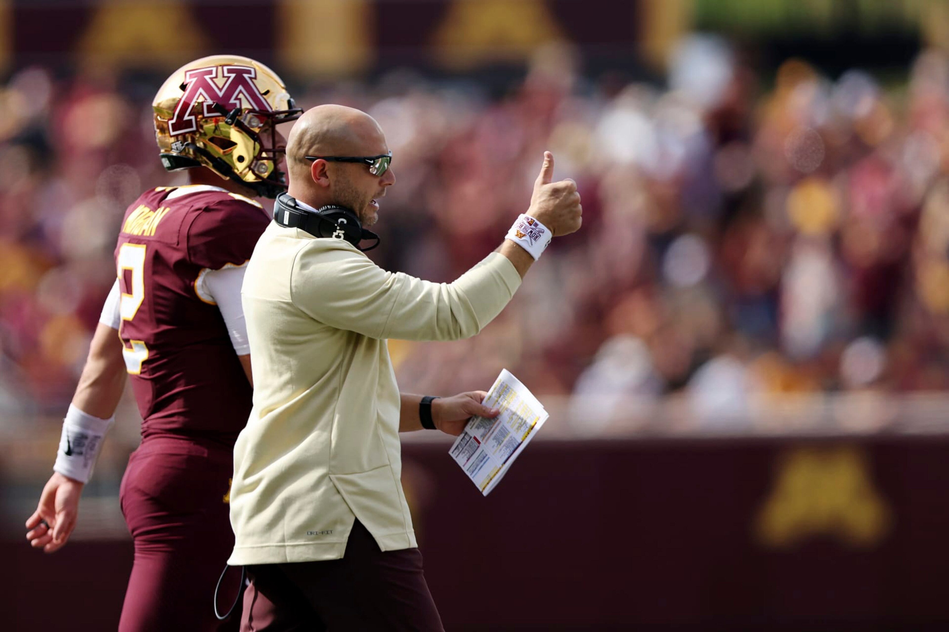Minnesota head coach P.J. Fleck reacts after a play during the first half of an NCAA college football game against Colorado, Saturday, Sept. 17, 2022, in Minneapolis. (AP Photo/Stacy Bengs)