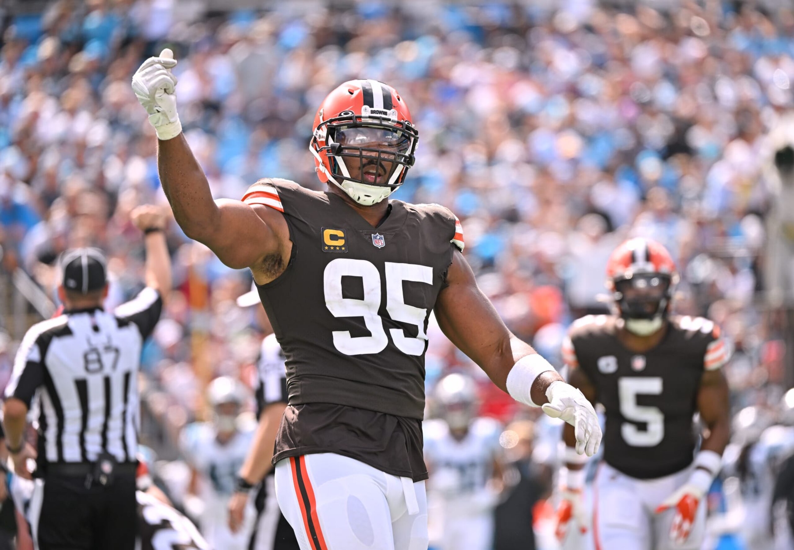 CHARLOTTE, NORTH CAROLINA - SEPTEMBER 11: Myles Garrett #95 of the Cleveland Browns reacts after a sack of Baker Mayfield #6 of the Carolina Panthers during their game at Bank of America Stadium on September 11, 2022 in Charlotte, North Carolina. Cleveland won 26-24. (Photo by Grant Halverson/Getty Images)