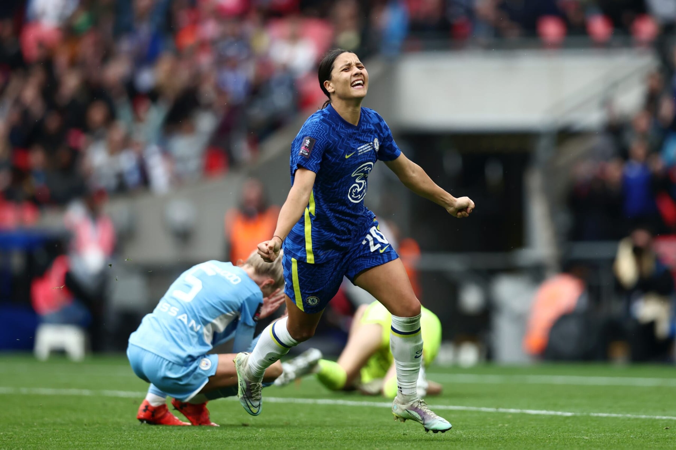 LONDON, ENGLAND - MAY 15: Sam Kerr of Chelsea Women celebrates after scoring her sides 3rd goal during the Vitality Women's FA Cup Final match between Chelsea Women and Manchester City Women at Wembley Stadium on May 15, 2022 in London, England. (Photo by Naomi Baker - The FA/The FA via Getty Images) LONDON, ENGLAND - MAY 15: Sam Kerr of Chelsea Women celebrates after scoring her sides 3rd goal during the Vitality Women's FA Cup Final match between Chelsea Women and Manchester City Women at Wembley Stadium on May 15, 2022 in London, England. (Photo by Naomi Baker - The FA/The FA via Getty Images)