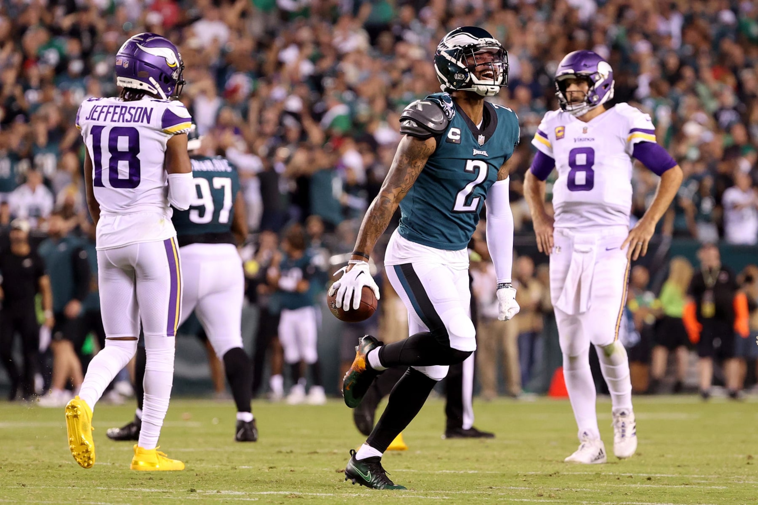PHILADELPHIA, PENNSYLVANIA - SEPTEMBER 19: Darius Slay #2 of the Philadelphia Eagles celebrates after his interception during the third quarter against the Minnesota Vikings at Lincoln Financial Field on September 19, 2022 in Philadelphia, Pennsylvania. (Photo by Tim Nwachukwu/Getty Images)