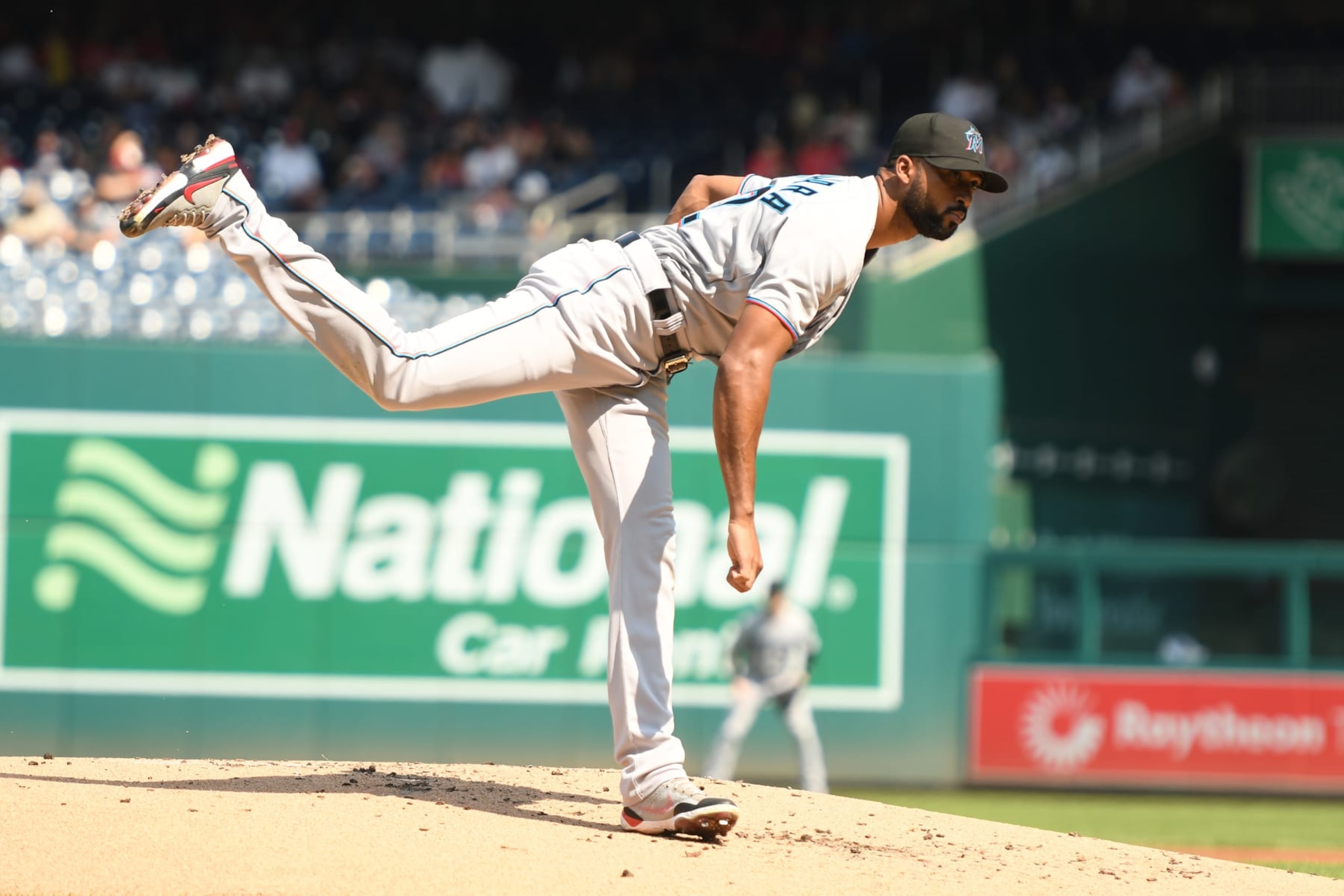 WASHINGTON, DC - SEPTEMBER 18:  Sandy Alcantara #22 of the Miami Marlins pitches in the first inning against the Washington Nationals at Nationals Parks on September 18, 2022 in Washington, DC.  (Photo by Mitchell Layton/Getty Images)