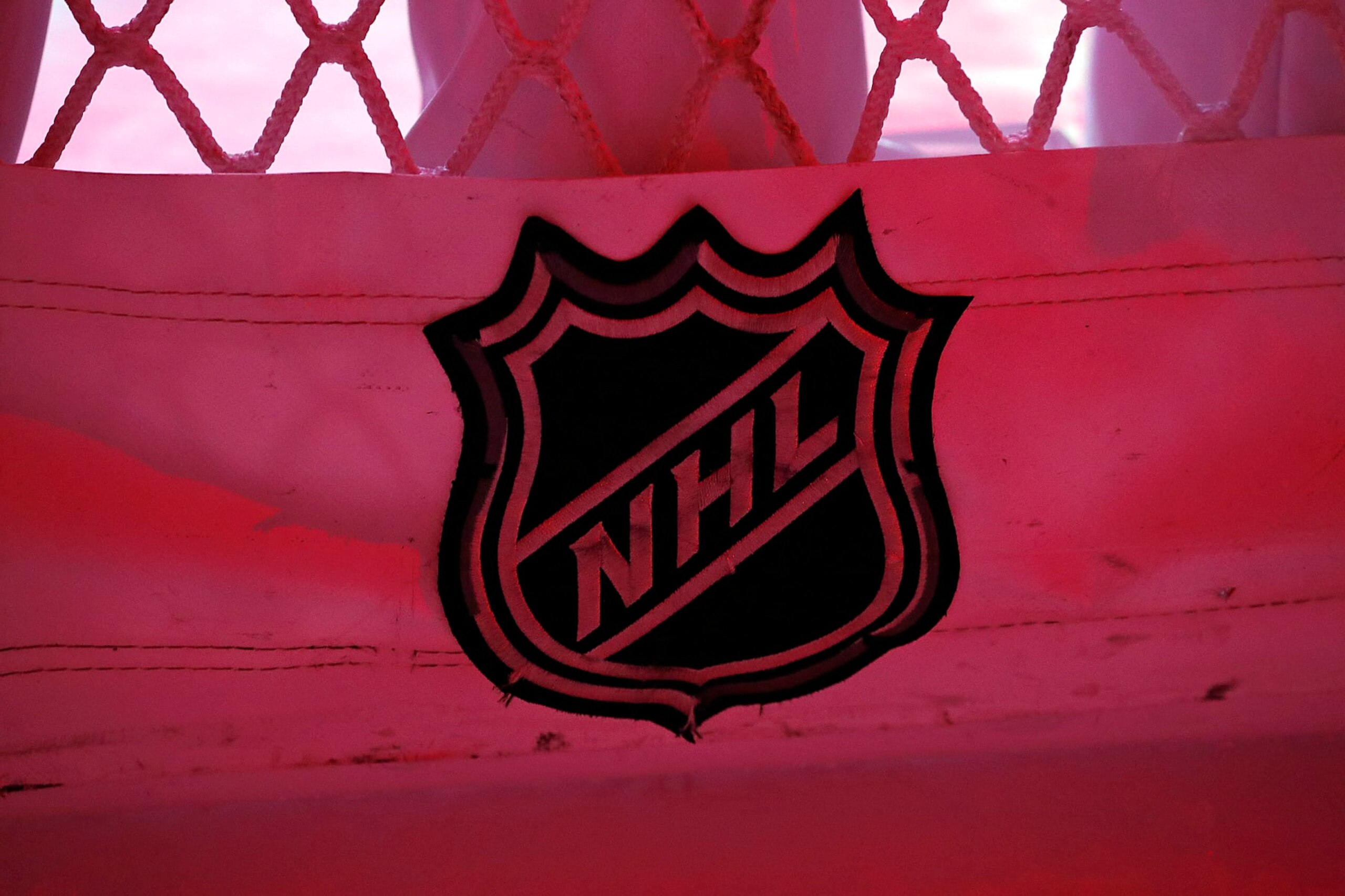 SUNRISE, FL - MAY 5: The NHL Logo appears on a goal prior to the Florida Panthers hosting the Washington Capitals in Game Two of the First Round of the 2022 Stanley Cup Playoffs at the FLA Live Arena on May 5, 2022 in Sunrise, Florida. (Photo by Eliot J. Schechter/NHLI via Getty Images)