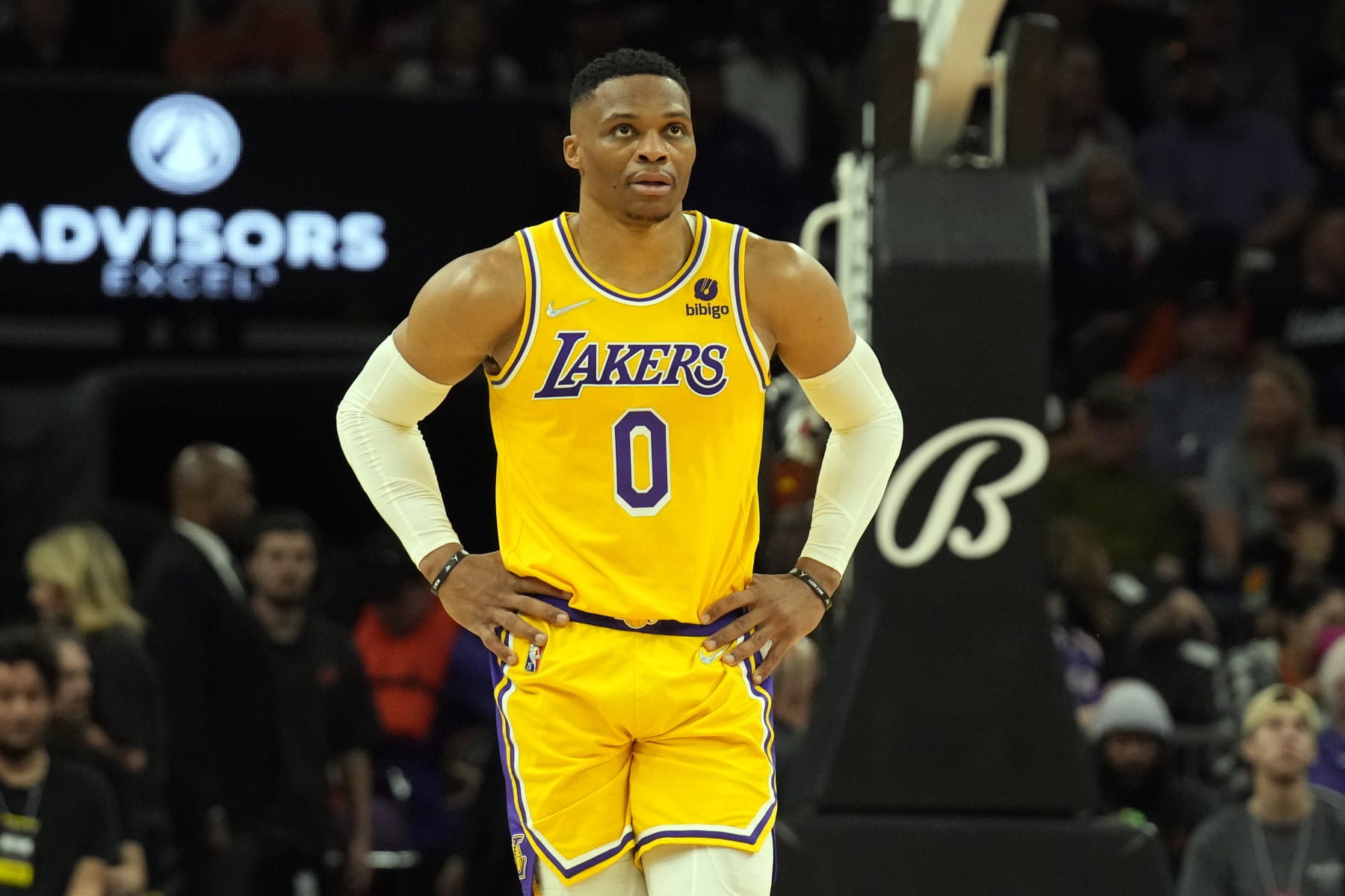 Los Angeles Lakers guard Russell Westbrook (0) during the first half of an NBA basketball game against the Phoenix Suns, Tuesday, April 5, 2022, in Phoenix. (AP Photo/Rick Scuteri)