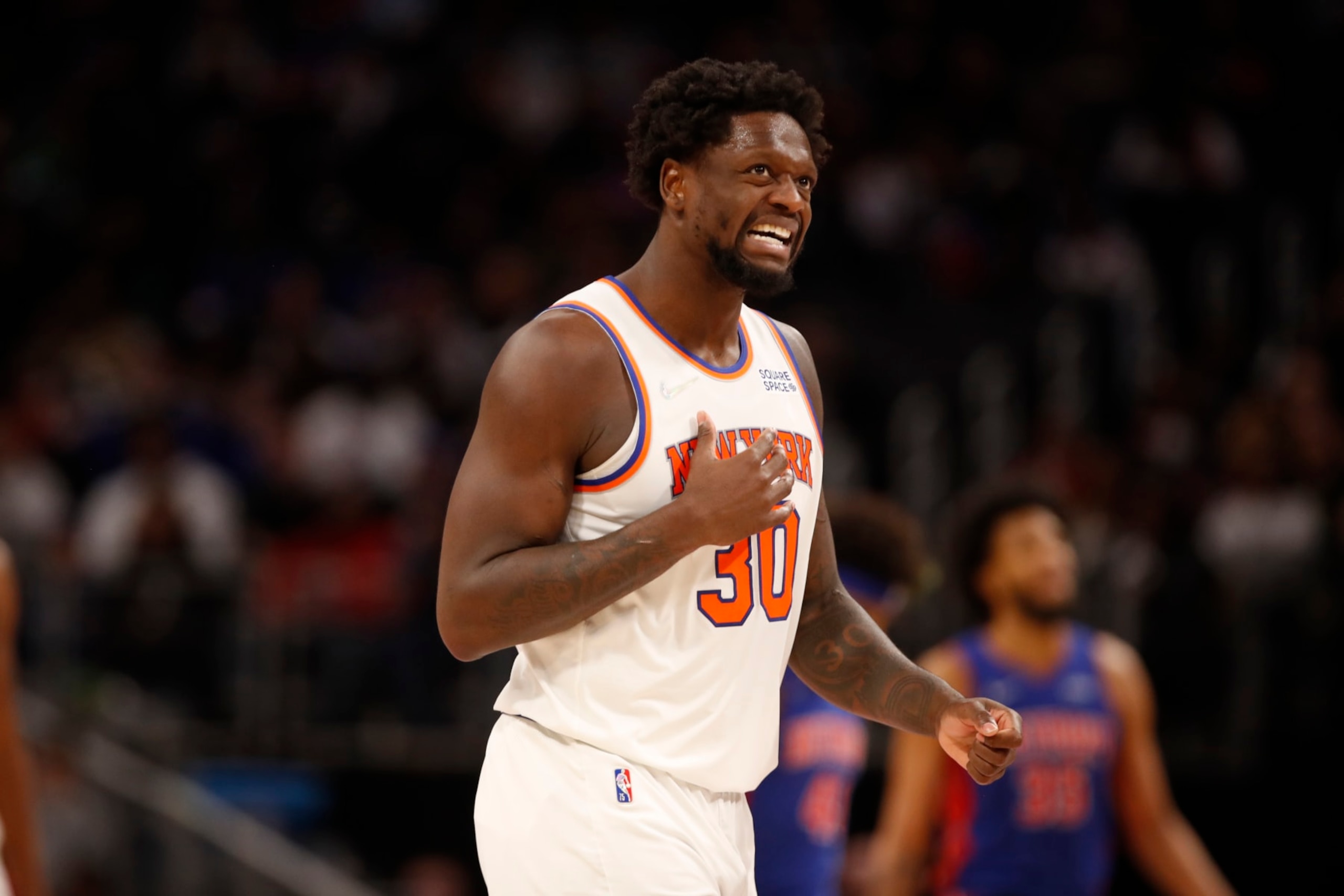 DETROIT, MI - MARCH 27: Julius Randle #30 of the New York Knicks reacts to a play during the game against the Detroit Pistons on March 27, 2022 at Little Caesars Arena in Detroit, Michigan. NOTE TO USER: User expressly acknowledges and agrees that, by downloading and or using this photograph, user is consenting to the terms and conditions of Getty Images License Agreement. Mandatory Copyright Notice: Copyright 2022 NBAE (Photo by Brian Sevald/NBAE via Getty Images) DETROIT, MI - MARCH 27: Julius Randle #30 of the New York Knicks reacts to a play during the game against the Detroit Pistons on March 27, 2022 at Little Caesars Arena in Detroit, Michigan. NOTE TO USER: User expressly acknowledges and agrees that, by downloading and or using this photograph, user is consenting to the terms and conditions of Getty Images License Agreement. Mandatory Copyright Notice: Copyright 2022 NBAE (Photo by Brian Sevald/NBAE via Getty Images)