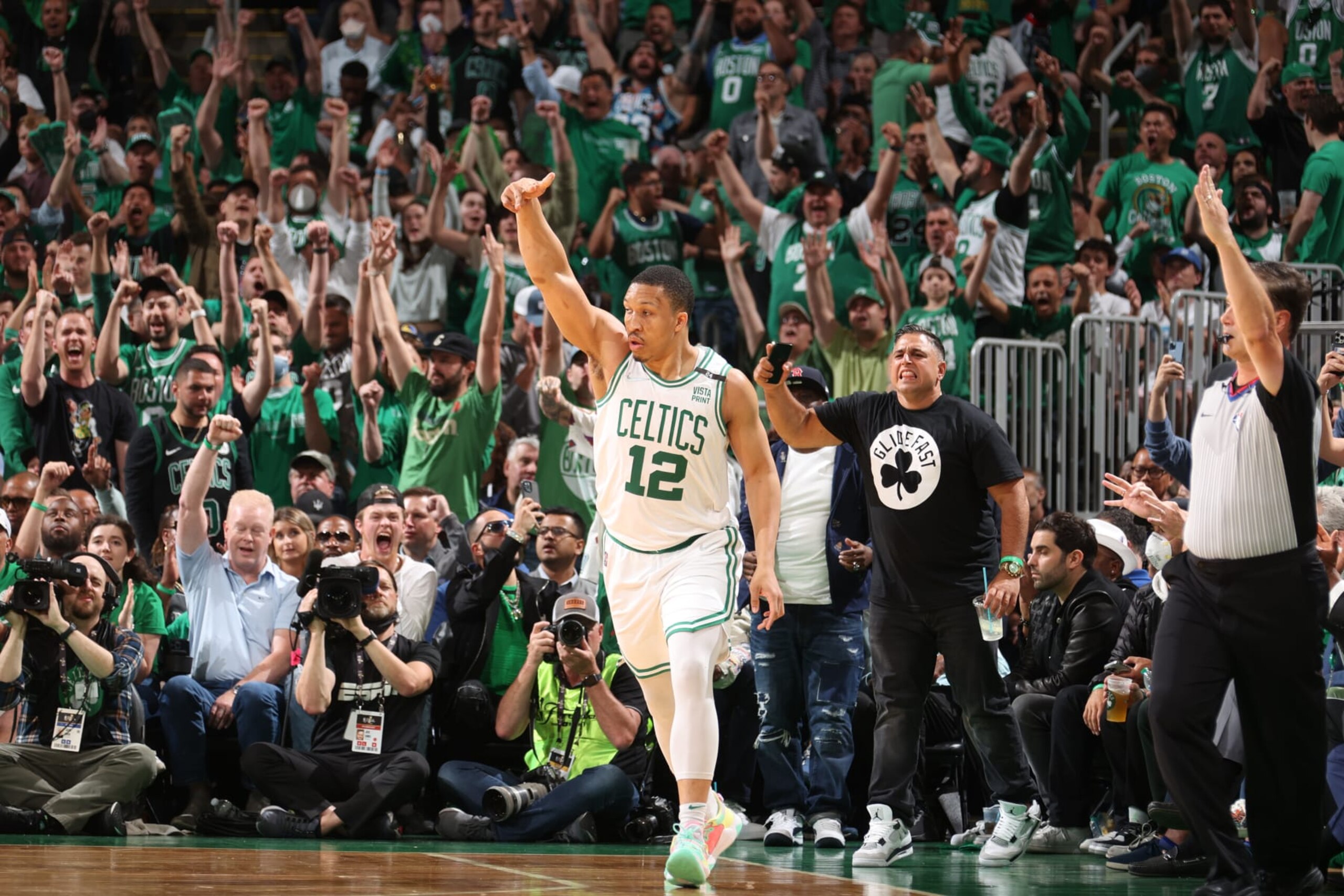 BOSTON, MA - JUNE 8: Grant Williams #12 of the Boston Celtics celebrates a three point basket against the Boston Celtics during Game Three of the 2022 NBA Finals on June 8, 2022 at TD Garden in Boston, Massachusetts. NOTE TO USER: User expressly acknowledges and agrees that, by downloading and or using this photograph, user is consenting to the terms and conditions of Getty Images License Agreement. Mandatory Copyright Notice: Copyright 2022 NBAE (Photo by Nathaniel S. Butler/NBAE via Getty Images)