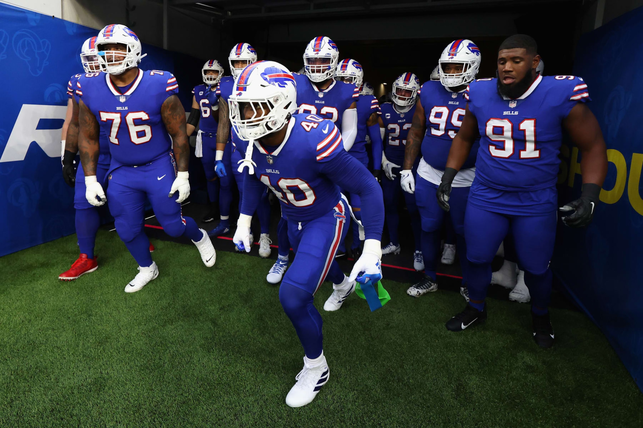 INGLEWOOD, CALIFORNIA - SEPTEMBER 08: Linebacker Von Miller #40 of the Buffalo Bills leads teammates onto the field before the NFL game against the Los Angeles Rams at SoFi Stadium on September 08, 2022 in Inglewood, California. (Photo by Harry How/Getty Images) INGLEWOOD, CALIFORNIA - SEPTEMBER 08: Linebacker Von Miller #40 of the Buffalo Bills leads teammates onto the field before the NFL game against the Los Angeles Rams at SoFi Stadium on September 08, 2022 in Inglewood, California. (Photo by Harry How/Getty Images)
