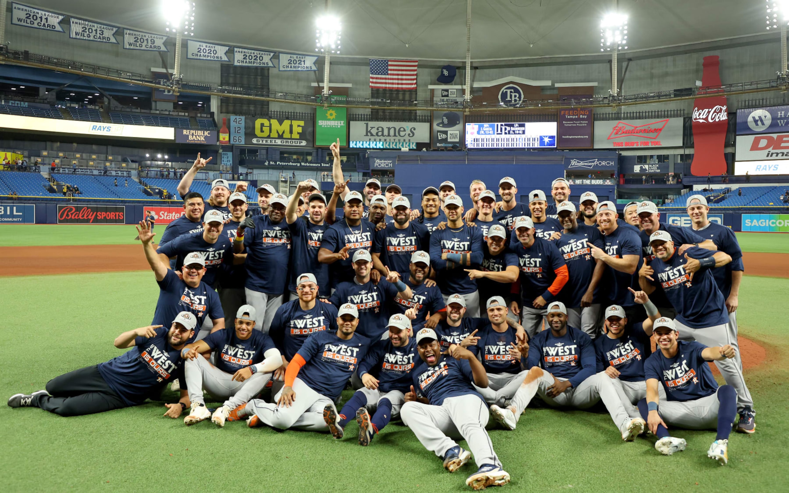 ST PETERSBURG, FLORIDA - SEPTEMBER 19: The Houston Astros celebrates winning the American League West Division following a game against the Tampa Bay Rays at Tropicana Field on September 19, 2022 in St Petersburg, Florida. (Photo by Mike Ehrmann/Getty Images) ST PETERSBURG, FLORIDA - SEPTEMBER 19: The Houston Astros celebrates winning the American League West Division following a game against the Tampa Bay Rays at Tropicana Field on September 19, 2022 in St Petersburg, Florida. (Photo by Mike Ehrmann/Getty Images)
