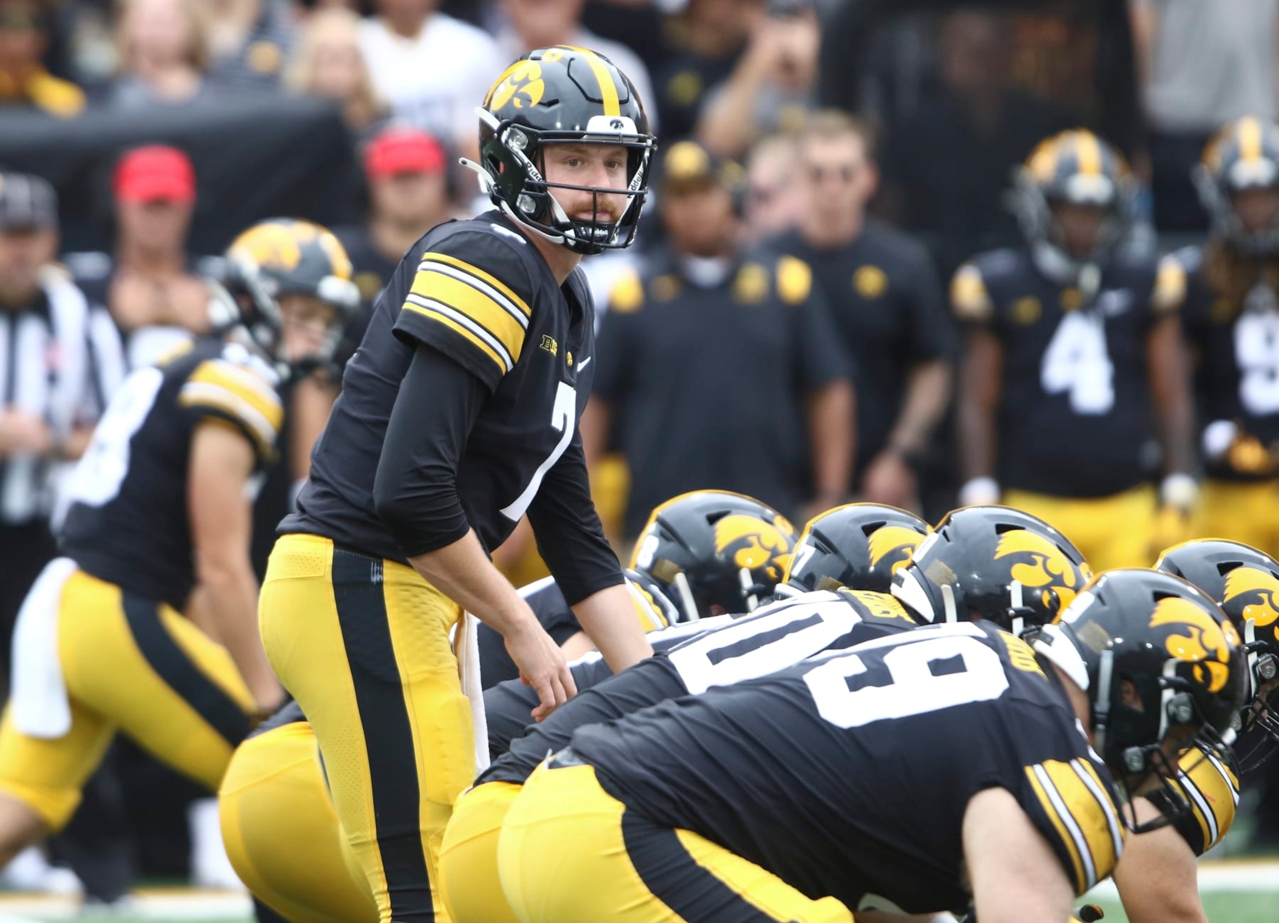 IOWA CITY, IOWA- SEPTEMBER 10:  Quarteback Spencer Petras #7 of the Iowa Hawkeyes lines up behind center during the first half against the Iowa State Cyclones at Kinnick Stadium on September 10, 2022 in Iowa City, Iowa.  (Photo by Matthew Holst/Getty Images)
