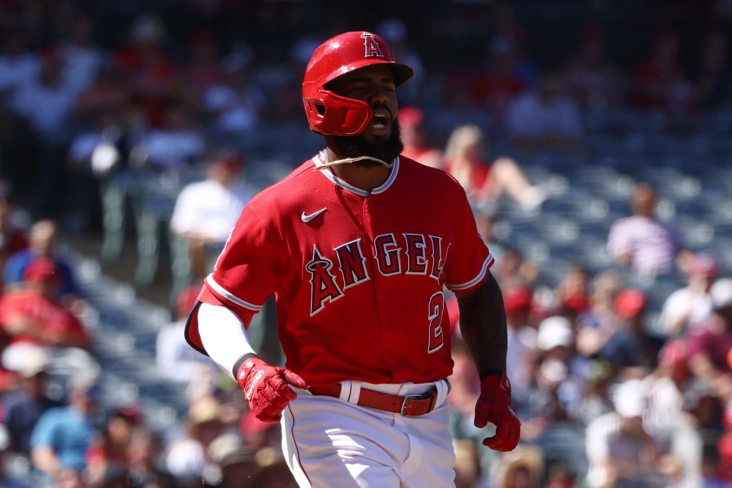 ANAHEIM, CALIFORNIA - SEPTEMBER 19: Luis Rengifo #2 of the Los Angeles Angels reacts after a ground out during the third inning against the Seattle Mariners at Angel Stadium of Anaheim on September 19, 2022 in Anaheim, California. (Photo by Katelyn Mulcahy/Getty Images)