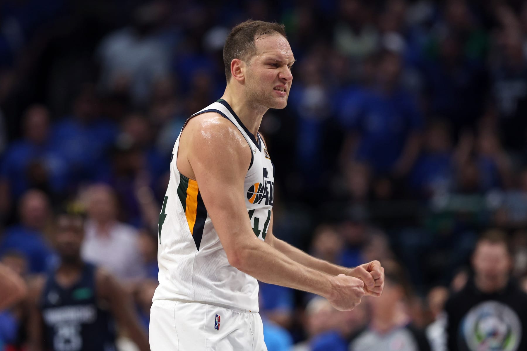 DALLAS, TEXAS - APRIL 16: Bojan Bogdanovic #44 of the Utah Jazz reacts after scoring a three-point shot against the Dallas Mavericks in the second quarter of Game One of the Western Conference First Round NBA Playoffs at American Airlines Center on April 16, 2022 in Dallas, Texas. NOTE TO USER: User expressly acknowledges and agrees that, by downloading and or using this photograph, User is consenting to the terms and conditions of the Getty Images License Agreement. (Photo by Tom Pennington/Getty Images)