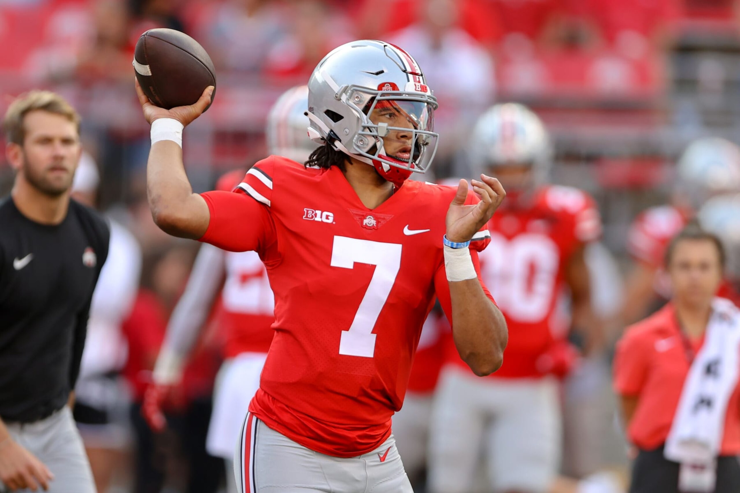 COLUMBUS, OH - SEPTEMBER 17: Ohio State Buckeyes quarterback C.J. Stroud (7) warms up prior to the college football game between the Toledo Rockets and Ohio State Buckeyes on September 17, 2022, at Ohio Stadium in Columbus, OH. (Photo by Frank Jansky/Icon Sportswire via Getty Images)