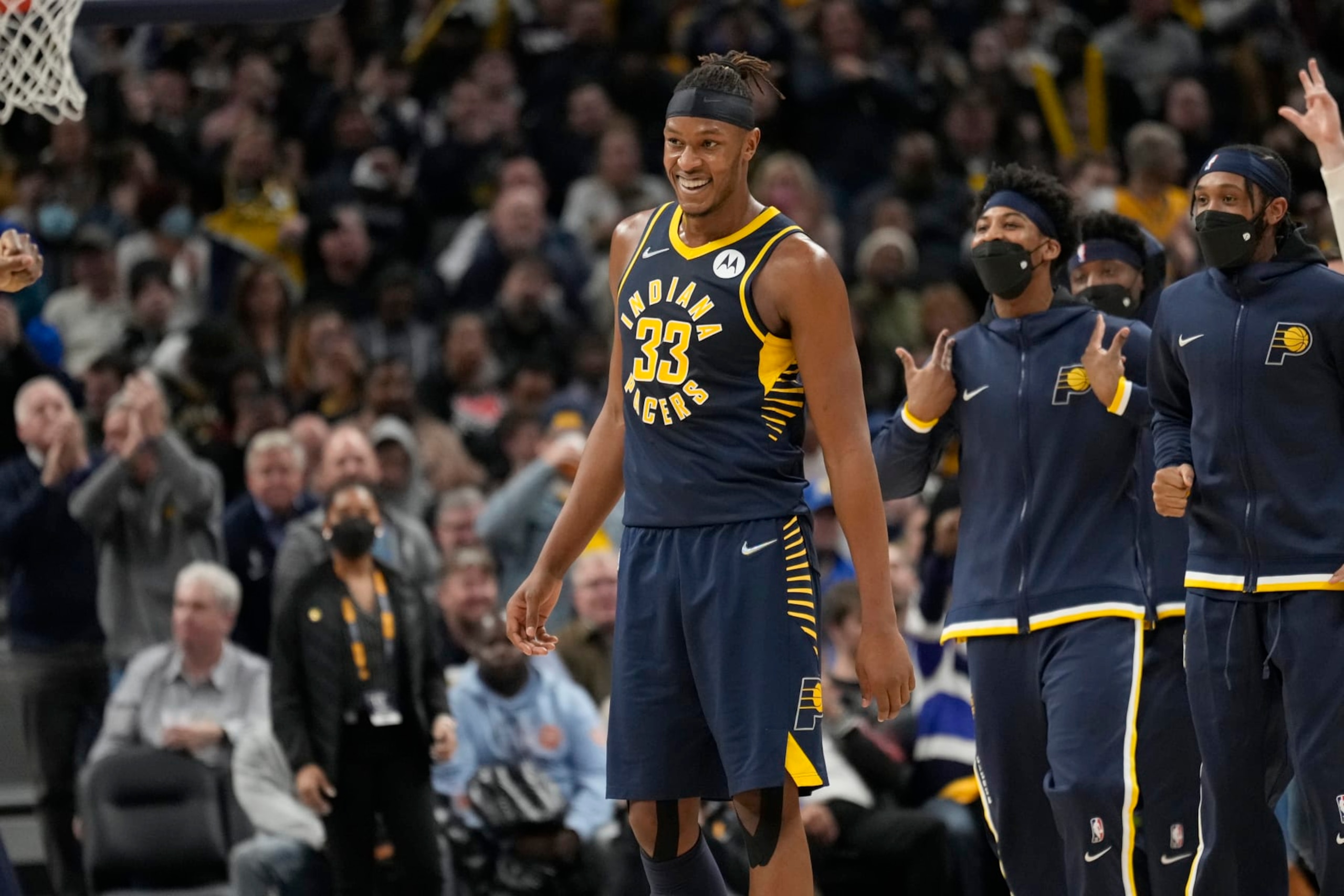 INDIANAPOLIS, IN - JANUARY 5: Myles Turner #33 of the Indiana Pacers reacts to a play during the game against the Brooklyn Nets on January 5, 2022 at Gainbridge Fieldhouse in Indianapolis, Indiana. NOTE TO USER: User expressly acknowledges and agrees that, by downloading and or using this Photograph, user is consenting to the terms and conditions of the Getty Images License Agreement. Mandatory Copyright Notice: Copyright 2022 NBAE (Photo by A.J. Mast/NBAE via Getty Images)