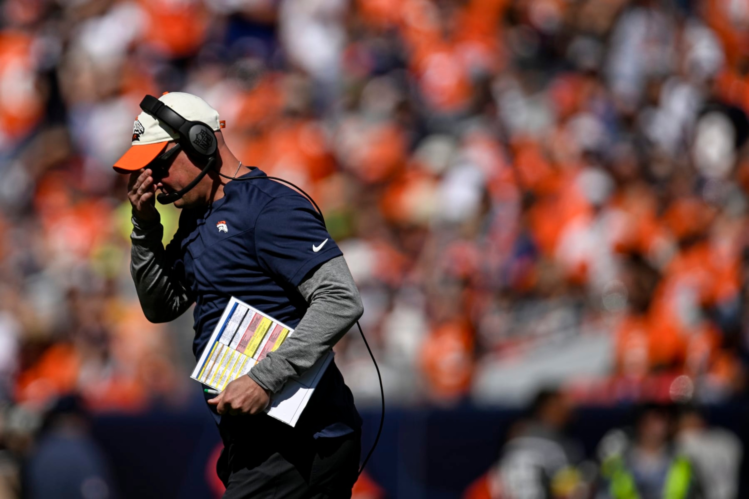 DENVER, CO - SEPTEMBER 18: Head coach Nathaniel Hackett of the Denver Broncos jogs off the field during the first quarter against the Houston Texans at Empower Field at Mile High in Denver on Sunday, September 18, 2022. (Photo by AAron Ontiveroz/MediaNews Group/The Denver Post via Getty Images)
