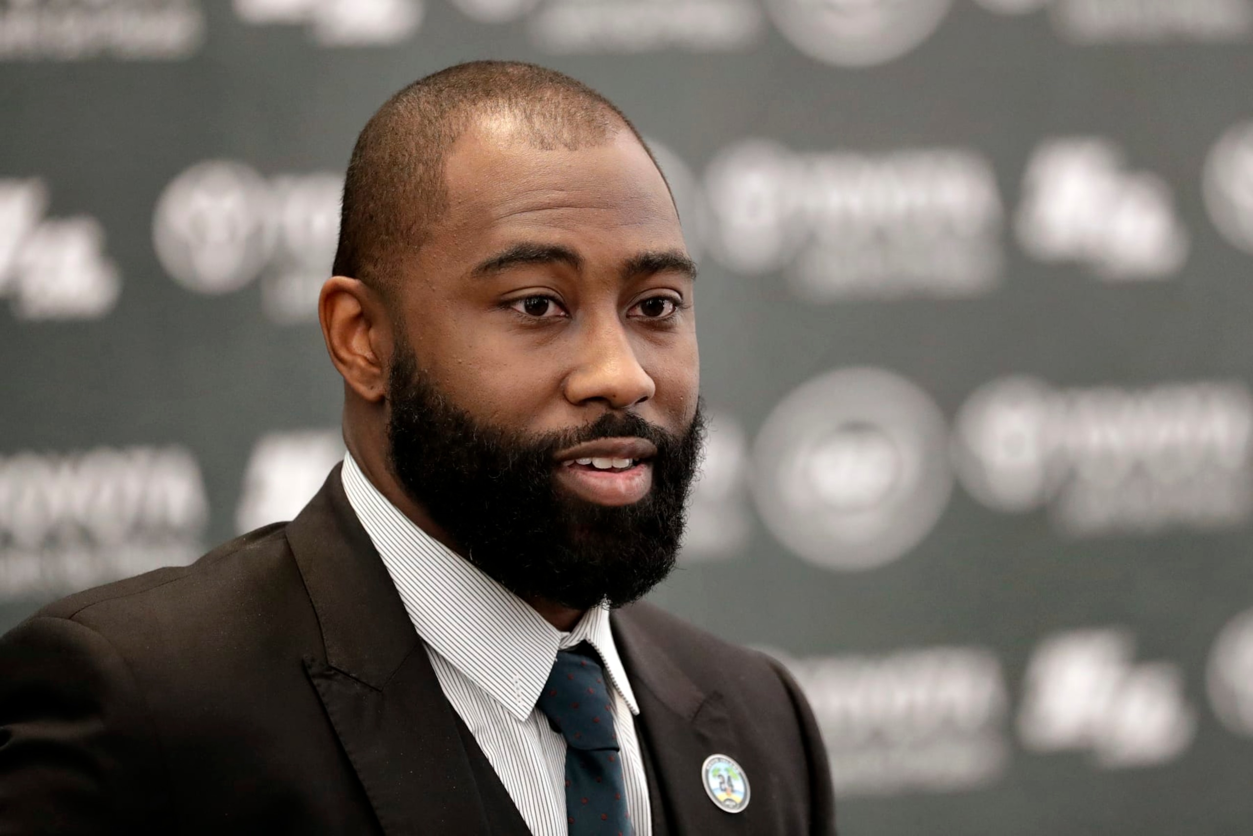 FILE - Former New York Jets cornerback Darrelle Revis speaks during a news conference officially announcing his retirement from NFL football, Tuesday, July 24, 2018, in Florham Park, N.J. The Jets will induct former cornerback Darrelle Revis, center Nick Mangold and left tackle D'Brickashaw Ferguson into the team's Ring of Honor during separate halftime ceremonies this season. The team announced Thursday, June 2, 2022, that Mangold will be the first honored with a ceremony during the Jets' game against Cincinnati on Sept. 25. Ferguson's induction will be Oct. 30 against New England, and Revis' will be Nov. 27 against Chicago. (AP Photo/Julio Cortez, File)
