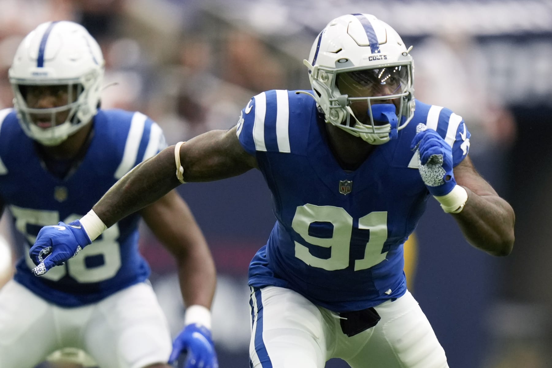 Indianapolis Colts defensive end Yannick Ngakoue (91) during the first half of an NFL football game against the Houston Texans, Sunday, Sept. 11, 2022, in Houston. (AP Photo/Eric Christian Smith)