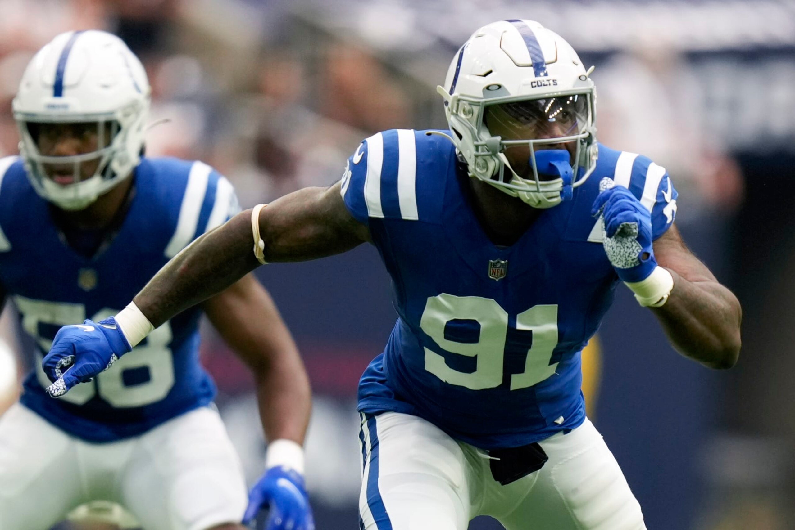 Indianapolis Colts defensive end Yannick Ngakoue (91) during the first half of an NFL football game against the Houston Texans, Sunday, Sept. 11, 2022, in Houston. (AP Photo/Eric Christian Smith) Indianapolis Colts defensive end Yannick Ngakoue (91) during the first half of an NFL football game against the Houston Texans, Sunday, Sept. 11, 2022, in Houston. (AP Photo/Eric Christian Smith)