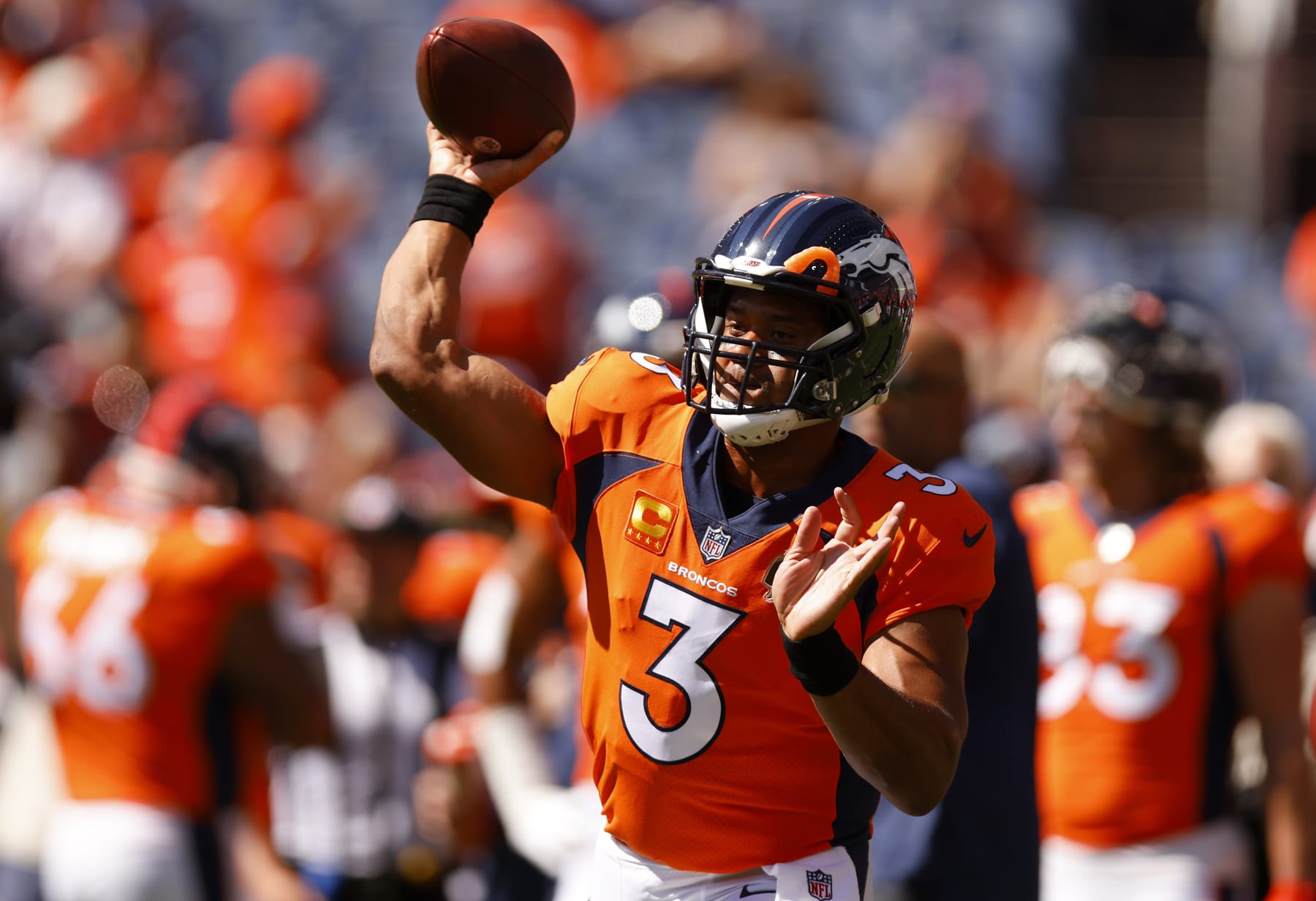 DENVER, COLORADO - SEPTEMBER 18: Russell Wilson #3 of the Denver Broncos warms up prior to playing the Houston Texans at Empower Field At Mile High on September 18, 2022 in Denver, Colorado. (Photo by Justin Edmonds/Getty Images)