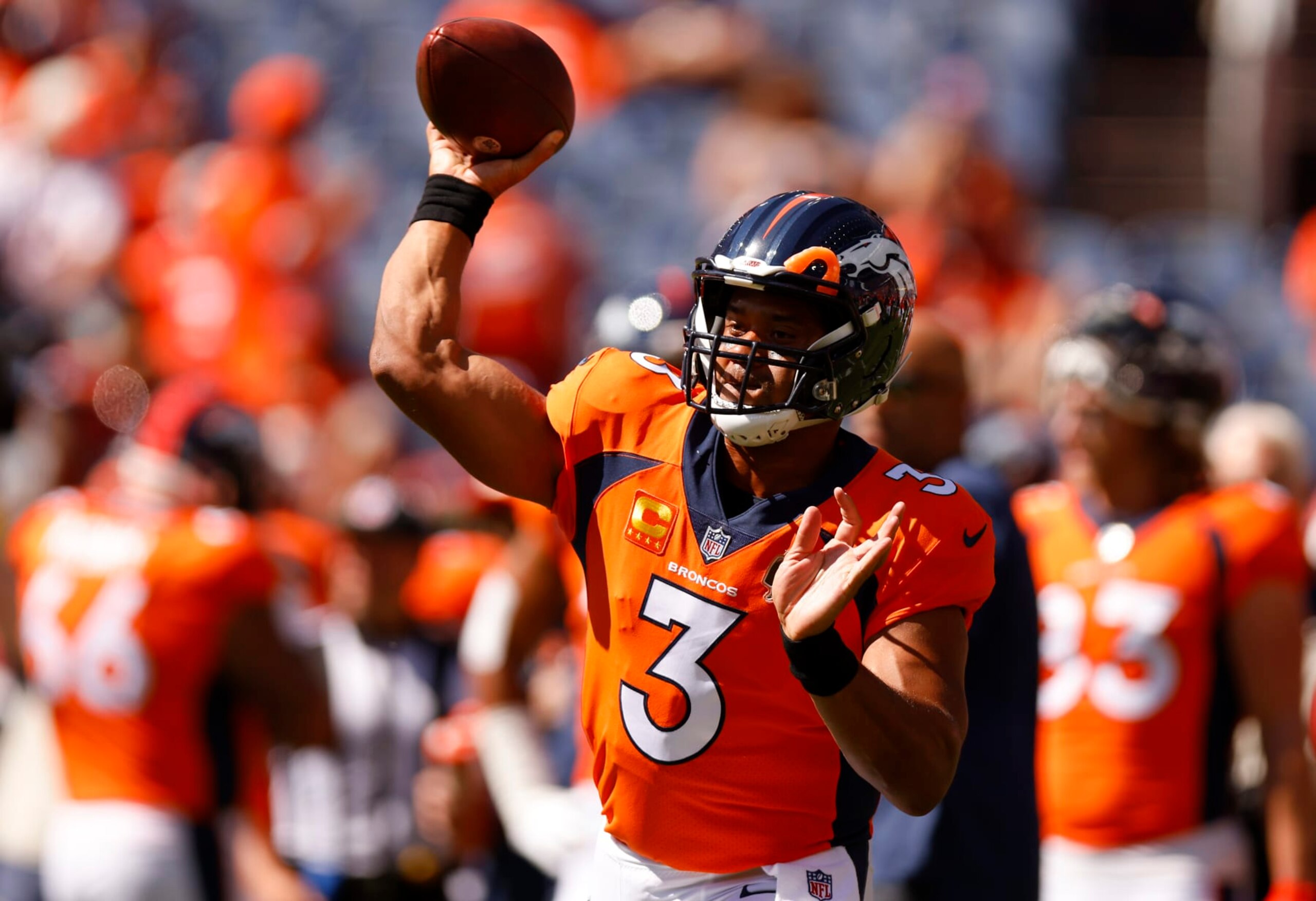 DENVER, COLORADO - SEPTEMBER 18: Russell Wilson #3 of the Denver Broncos warms up prior to playing the Houston Texans at Empower Field At Mile High on September 18, 2022 in Denver, Colorado. (Photo by Justin Edmonds/Getty Images) DENVER, COLORADO - SEPTEMBER 18: Russell Wilson #3 of the Denver Broncos warms up prior to playing the Houston Texans at Empower Field At Mile High on September 18, 2022 in Denver, Colorado. (Photo by Justin Edmonds/Getty Images)