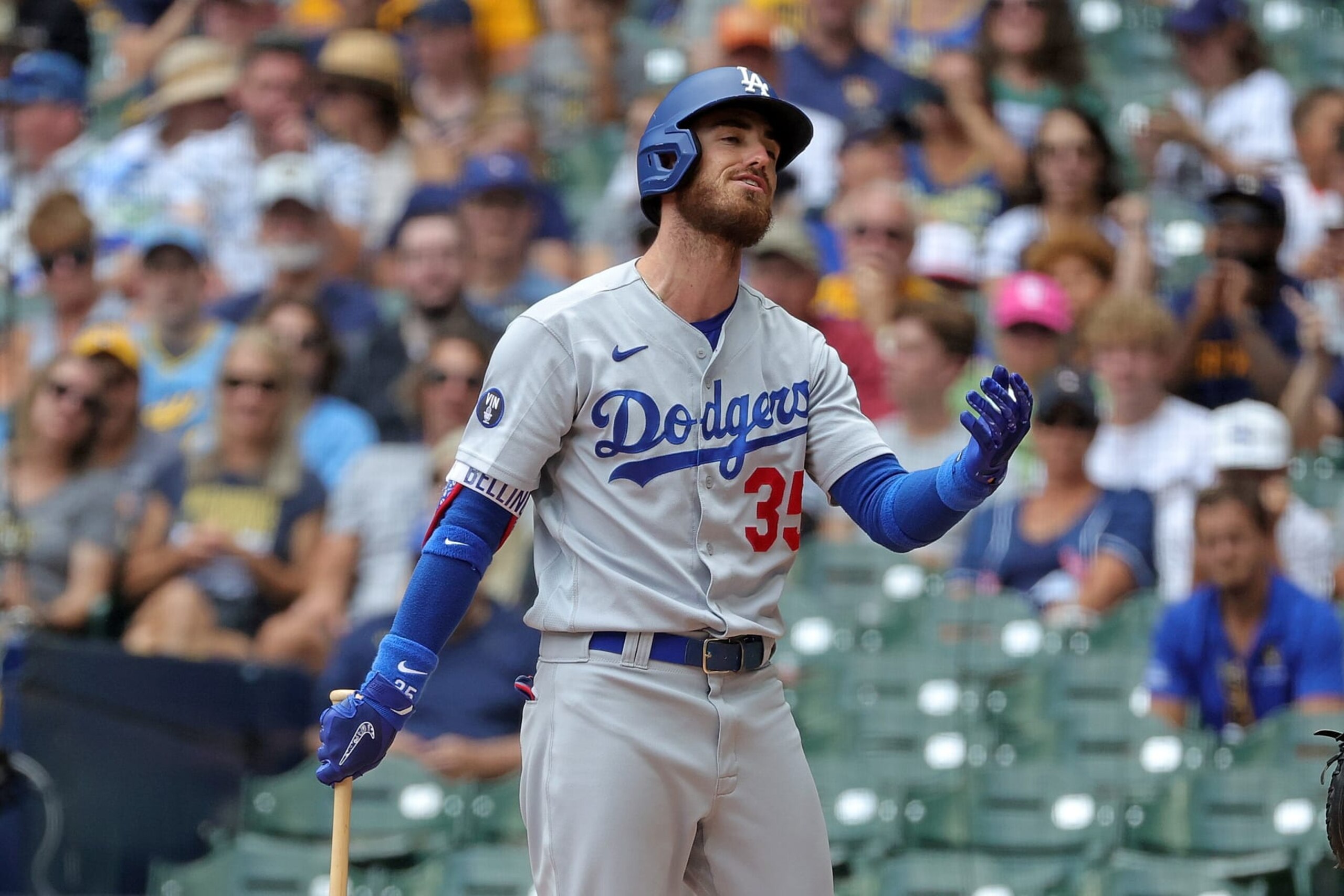 MILWAUKEE, WISCONSIN - AUGUST 18: Cody Bellinger #35 of the Los Angeles Dodgers reacts to a strike out during the fifth inning against the Milwaukee Brewers at American Family Field on August 18, 2022 in Milwaukee, Wisconsin. (Photo by Stacy Revere/Getty Images)