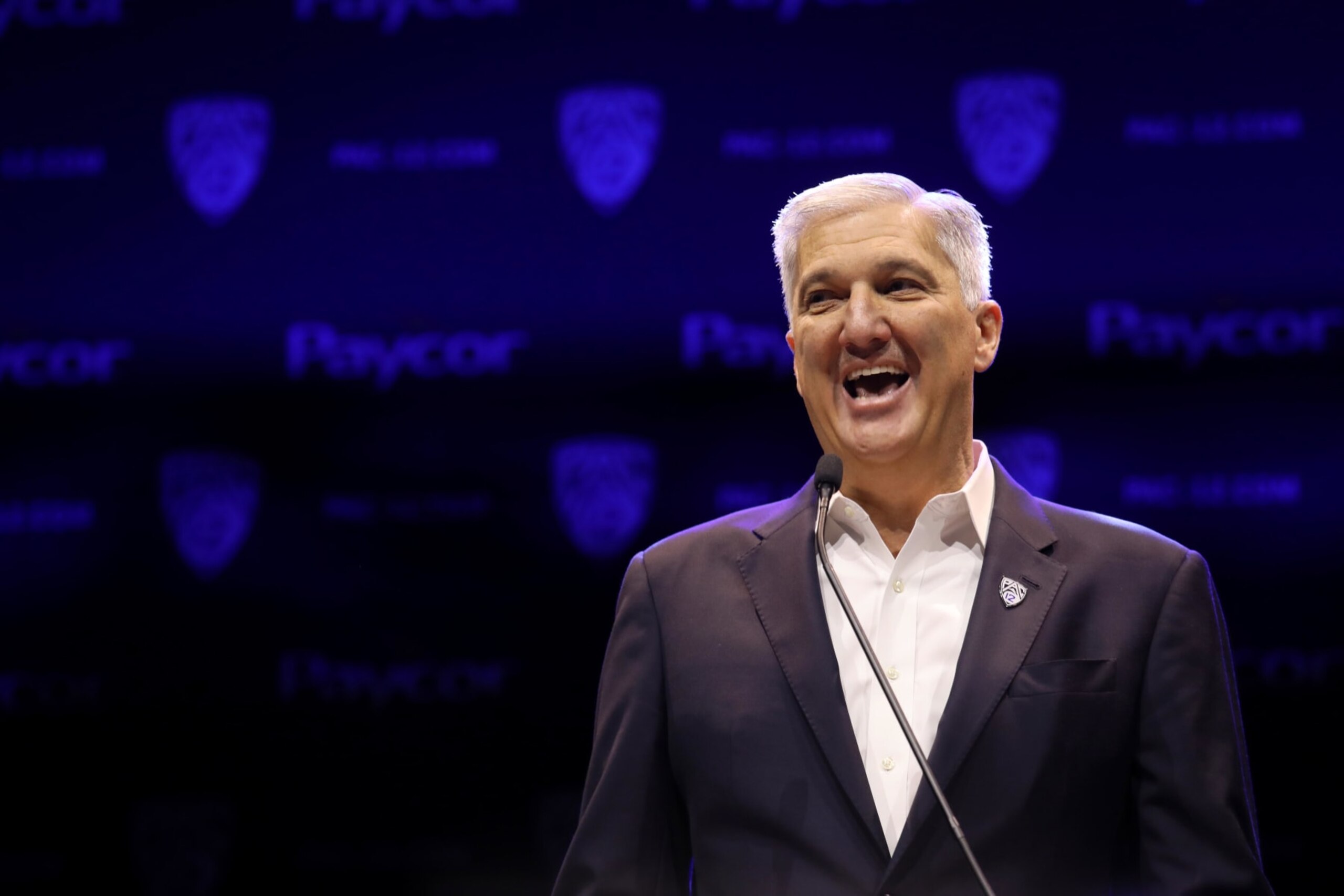 LOS ANGELES, CA - JULY 29, 2022 - - Pac-12 Commissioner George Kliavkoff makes his opening remarks at the start of the Pac-12 Media Day at The Novo at L.A. LIVE on July 29, 2022. The one-day event features all 12 head coaches and two student-athletes from each university, as well as representatives from the Pac-12 Conference staff. (Genaro Molina / Los Angeles Times via Getty Images)
