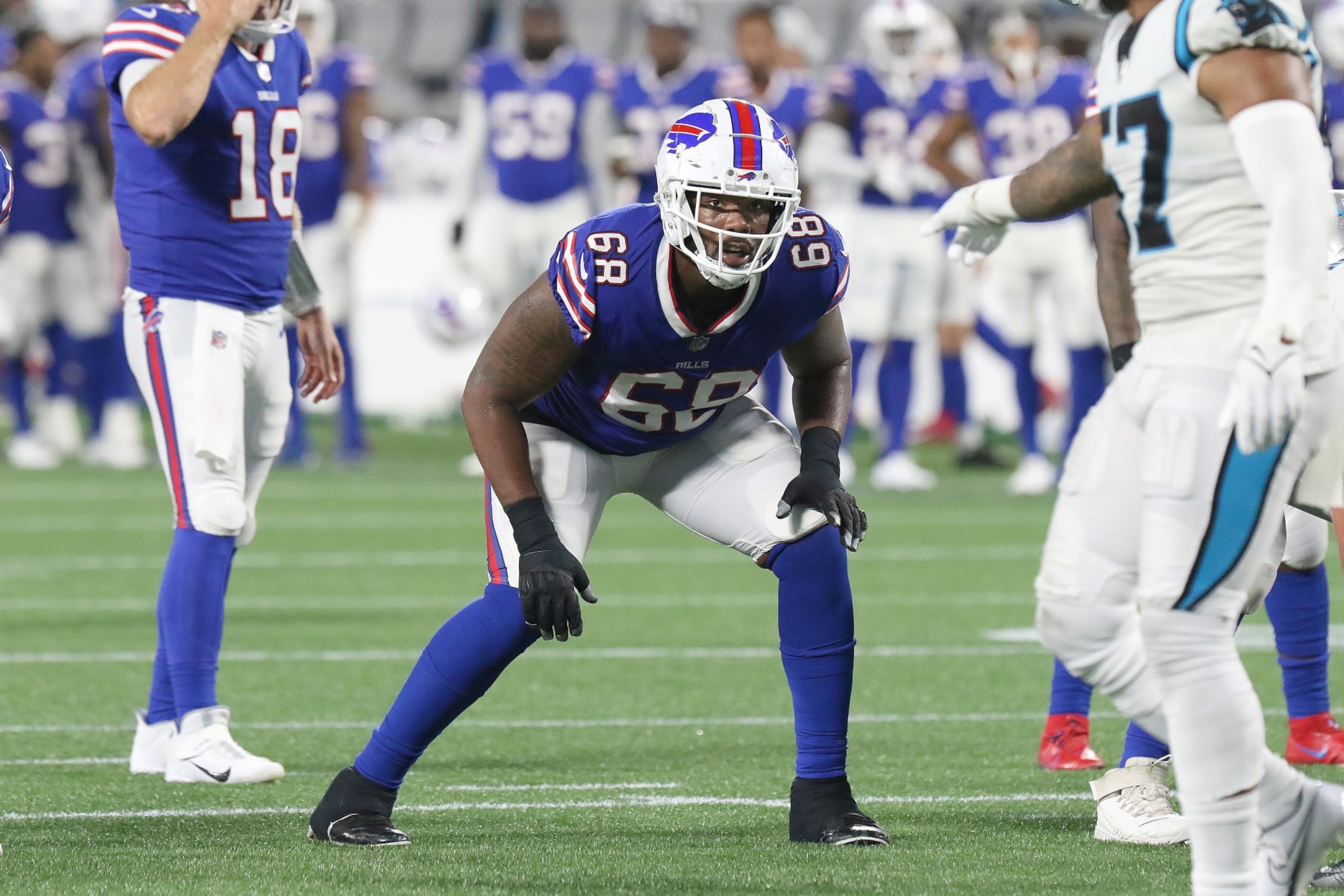 CHARLOTTE, NC - AUGUST 26: Buffalo Bills tackle Bobby Hart (68) during a NFL preseason football game between the Buffalo Bills and the Carolina Panthers on August 26, 2022 at Bank of America Stadium in Charlotte, N.C. (Photo by John Byrum/Icon Sportswire via Getty Images)
