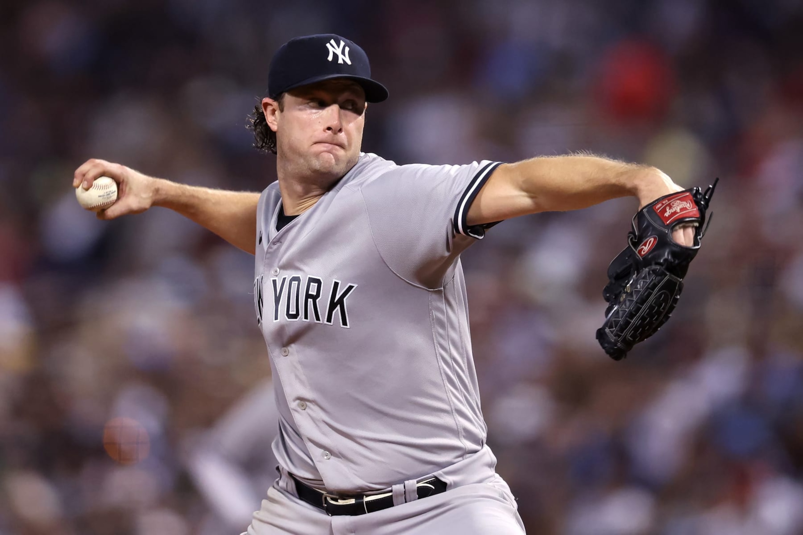 BOSTON, MASSACHUSETTS - SEPTEMBER 13: Gerrit Cole #45 of the New York Yankees throws against the Boston Red Sox during the fifth inning at Fenway Park on September 13, 2022 in Boston, Massachusetts. (Photo by Maddie Meyer/Getty Images)