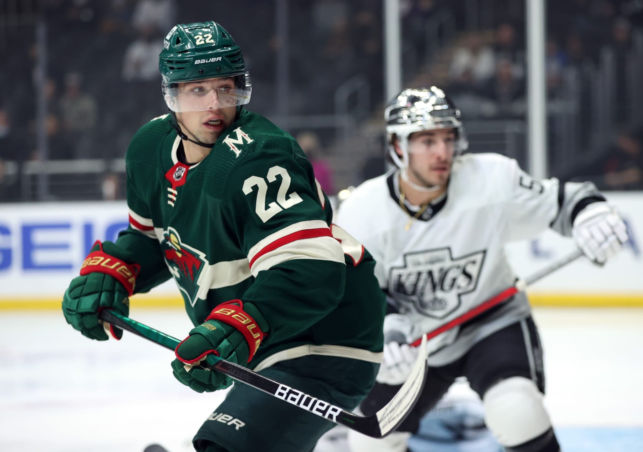LOS ANGELES, CALIFORNIA - DECEMBER 11:   Kevin Fiala #22 of the Minnesota Wild in the first period at Staples Center on December 11, 2021 in Los Angeles, California. (Photo by Ronald Martinez/Getty Images)
