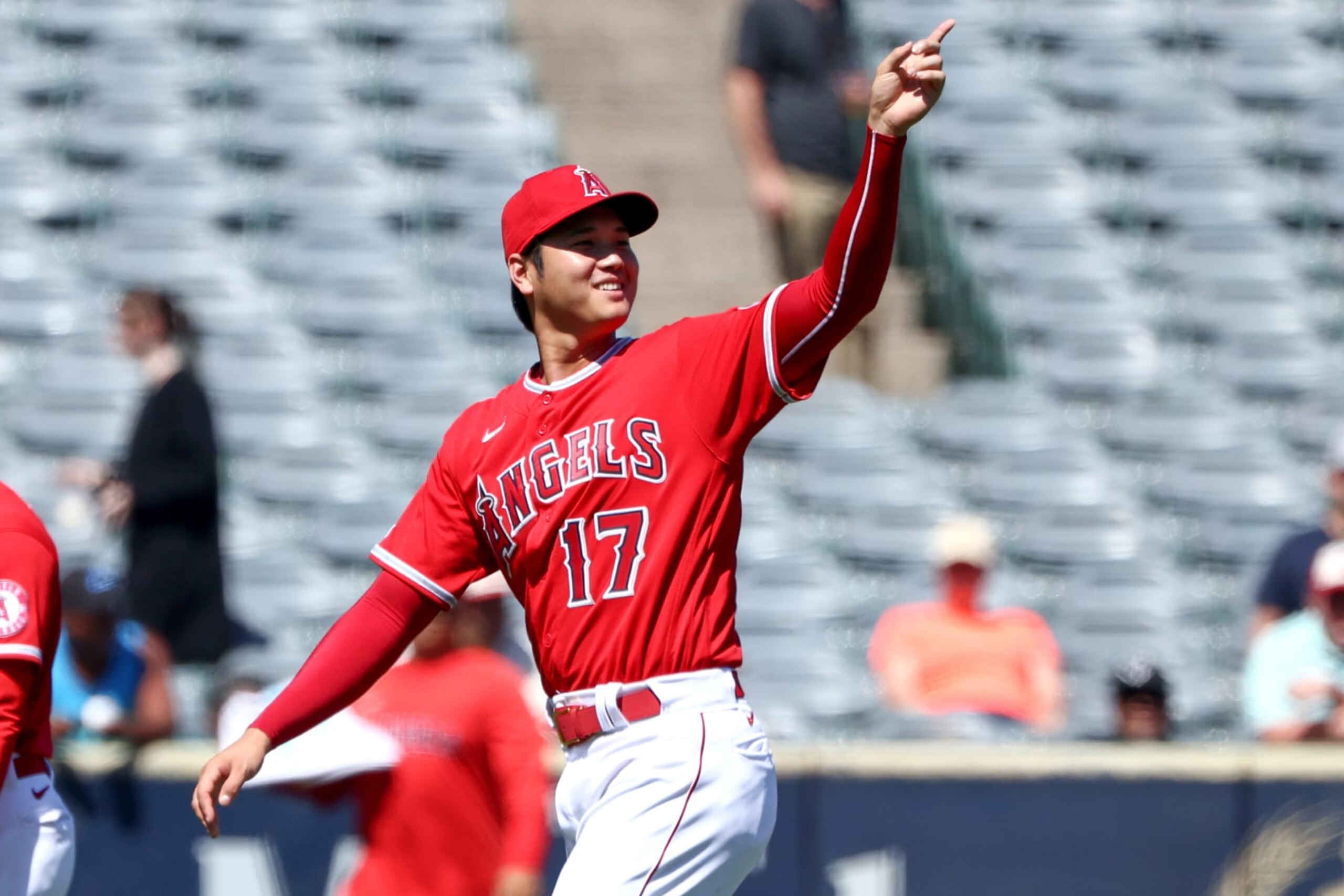 ANAHEIM, CALIFORNIA - SEPTEMBER 19: Shohei Ohtani #17 of the Los Angeles Angels looks on during warm ups prior to the game against the Seattle Mariners at Angel Stadium of Anaheim on September 19, 2022 in Anaheim, California. (Photo by Katelyn Mulcahy/Getty Images)