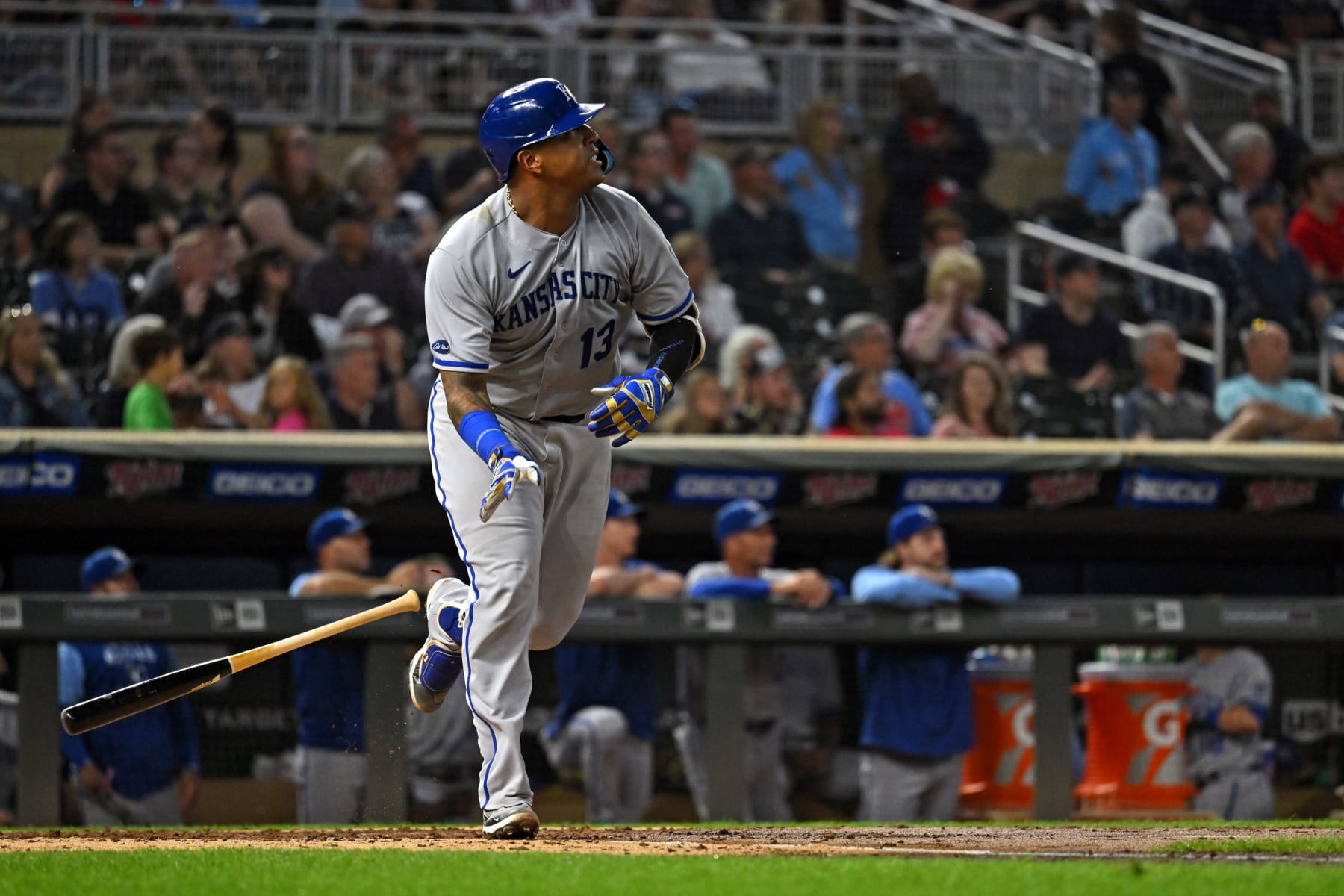 MINNEAPOLIS, MN - SEPTEMBER 13: Kansas City Royals catcher Salvador Perez (13) heads to first during a MLB game between the Minnesota Twins and Kansas City Royals on September 13, 2022 at Target Field in Minneapolis, MN.(Photo by Nick Wosika/Icon Sportswire via Getty Images)