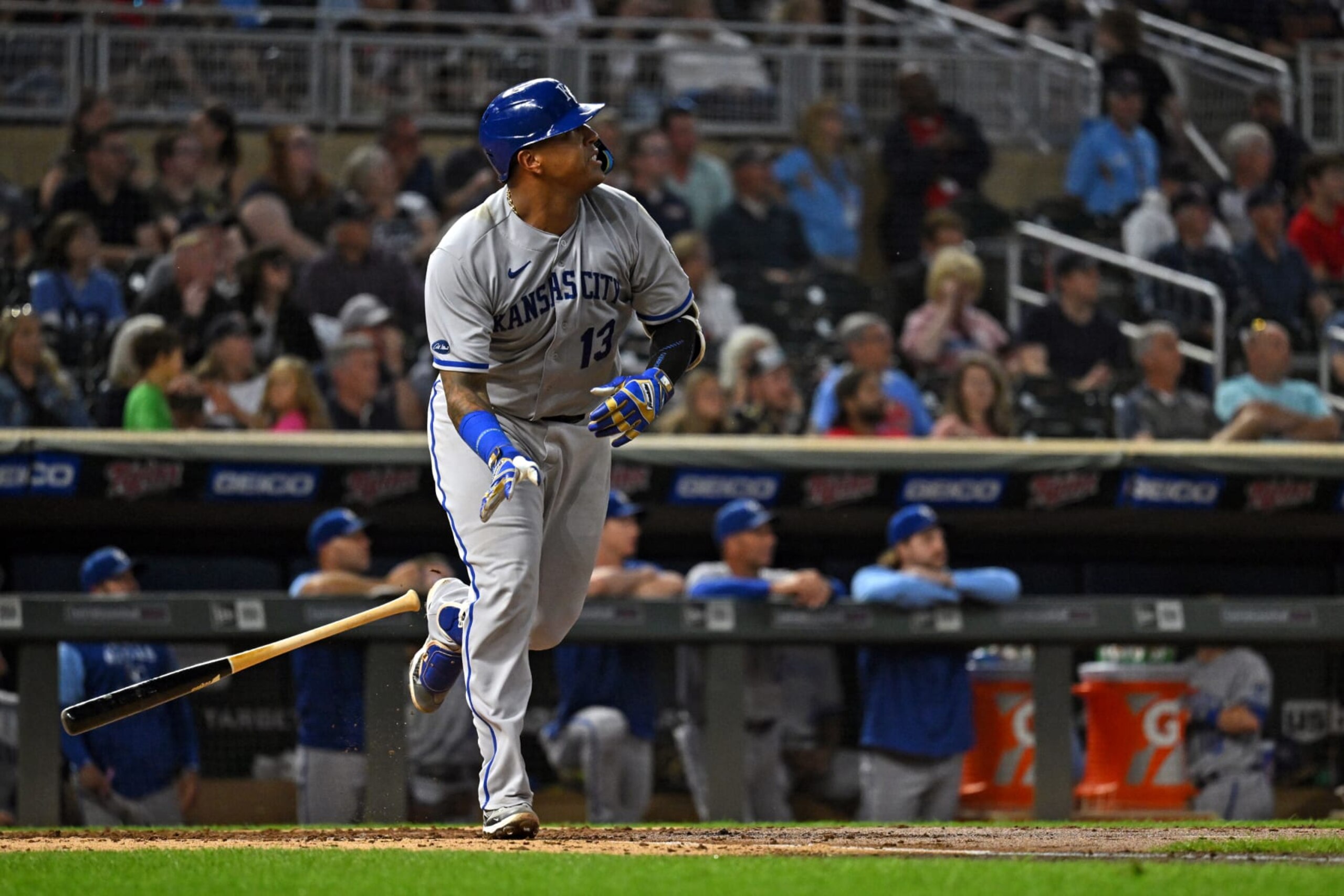 MINNEAPOLIS, MN - SEPTEMBER 13: Kansas City Royals catcher Salvador Perez (13) heads to first during a MLB game between the Minnesota Twins and Kansas City Royals on September 13, 2022 at Target Field in Minneapolis, MN.(Photo by Nick Wosika/Icon Sportswire via Getty Images)