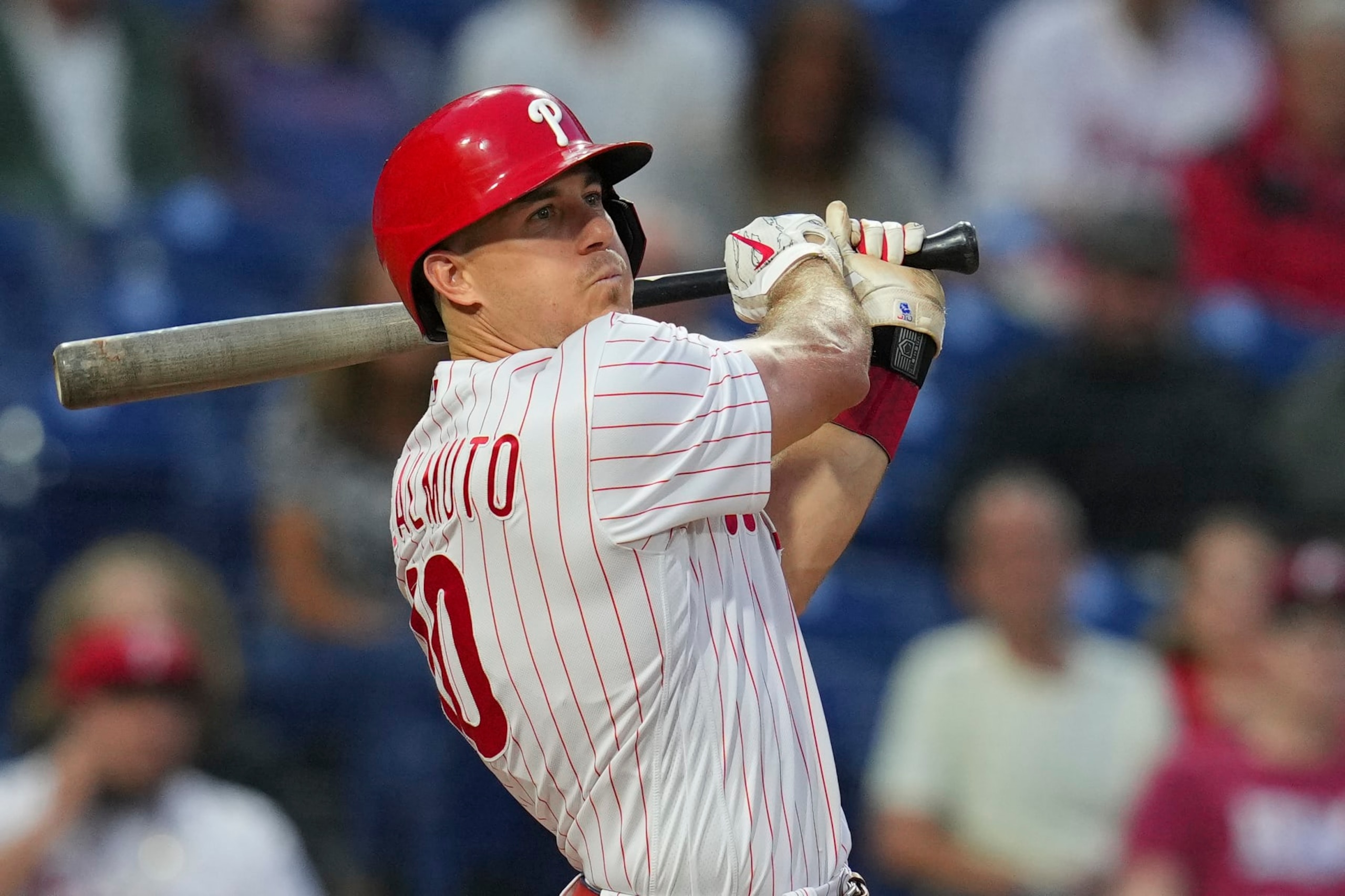 PHILADELPHIA, PA - SEPTEMBER 06: J.T. Realmuto #10 of the Philadelphia Phillies bats against the Miami Marlins at Citizens Bank Park on September 6, 2022 in Philadelphia, Pennsylvania. The Phillies defeated the Marlins 3-2. (Photo by Mitchell Leff/Getty Images)