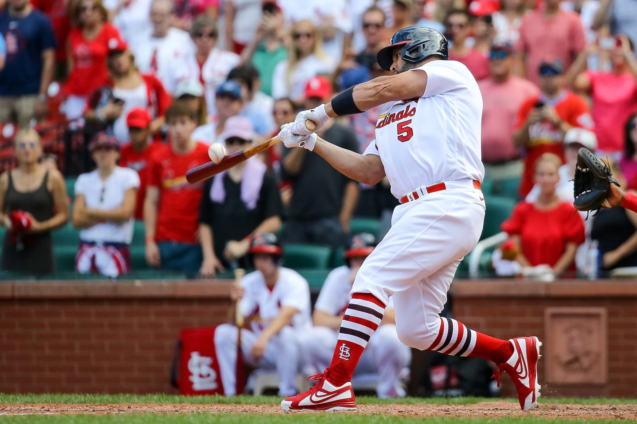 ST. LOUIS, MO - SEPTEMBER 18: Albert Pujols #5 of the St. Louis Cardinals bats during the ninth inning against the Cincinnati Reds at Busch Stadium on September 18, 2022 in St. Louis, Missouri. (Photo by Scott Kane/Getty Images)