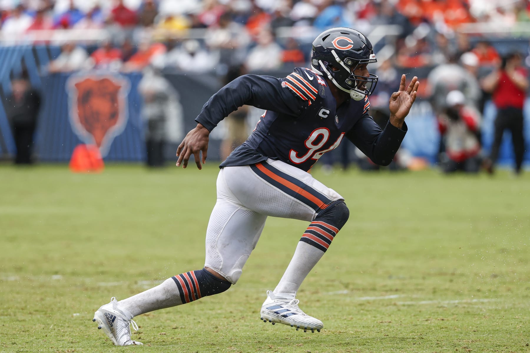 Chicago Bears linebacker Robert Quinn (94) runs on the field during the second half of an NFL football game against the San Francisco 49ers, Sunday, Sept. 11, 2022, in Chicago. (AP Photo/Kamil Krzaczynski)