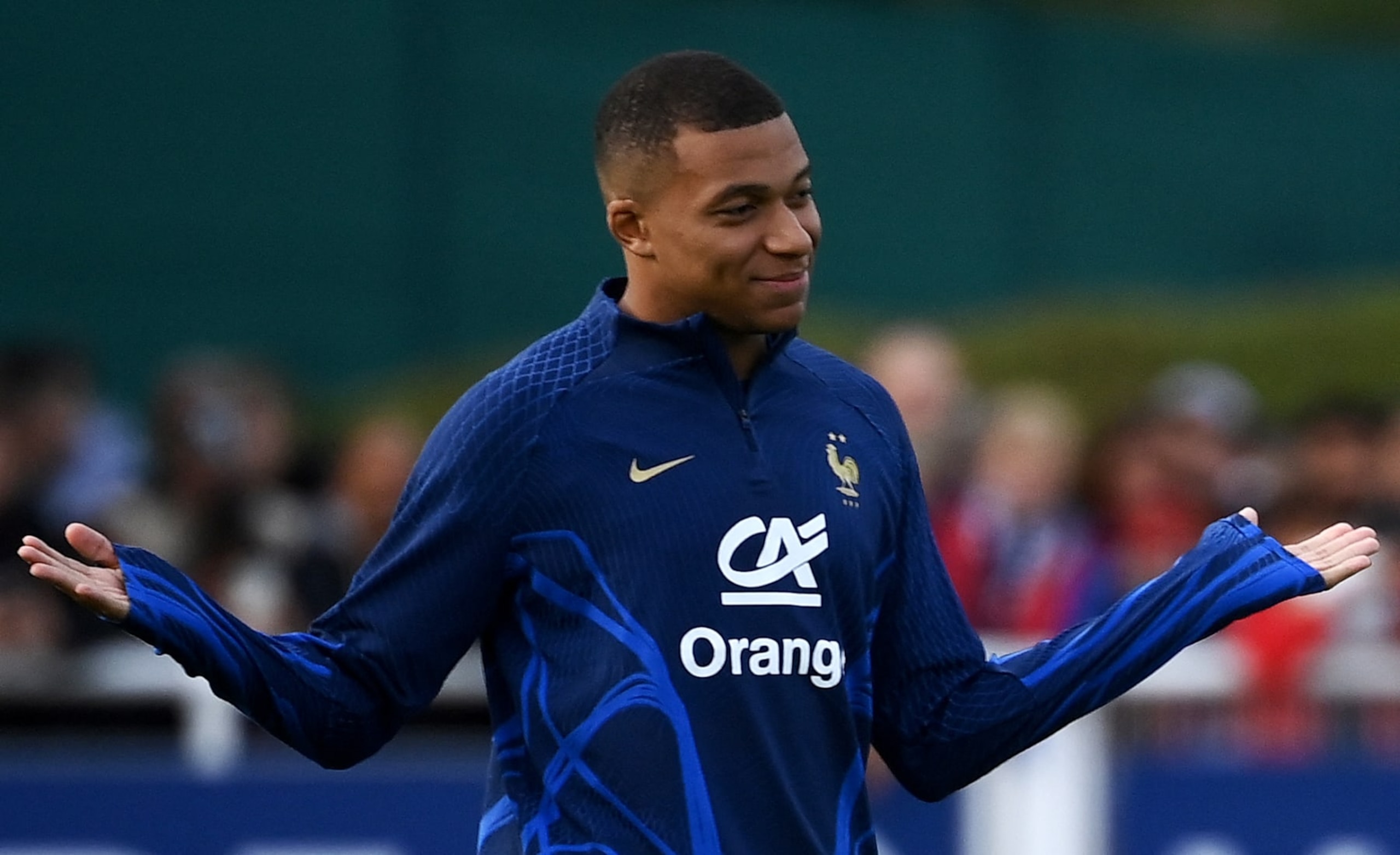 French forward Kylian Mbappe gestures during a training session in Clairefontaine-en-Yvelines on September 20, 2022 as part of the team's preparation for the upcoming UEFA Nations League. (Photo by FRANCK FIFE / AFP) (Photo by FRANCK FIFE/AFP via Getty Images)