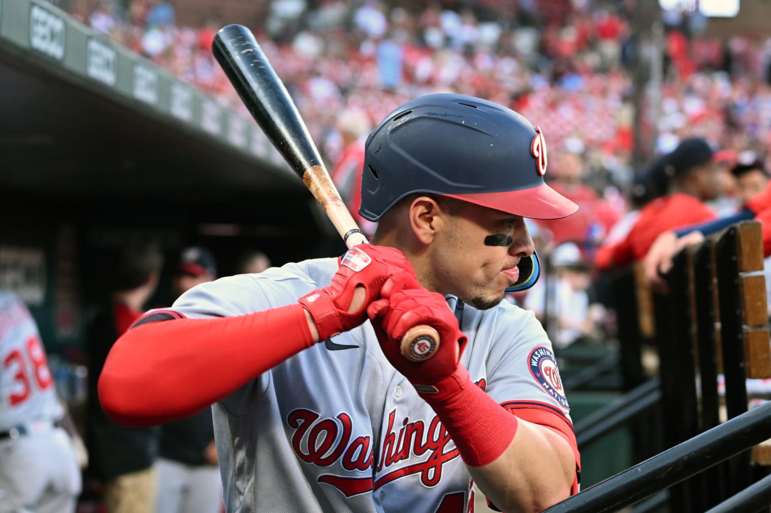 ST. LOUIS, MO - SEPTEMBER 07: Washington Nationals right fielder Joey Meneses (45) works on his swing in the dugout before a MLB game between the Washington Nationals and the St. Louis Cardinals, September 07, 2022, at Busch Stadium, St. Louis, MO. Photo by Keith Gillett/Icon Sportswire via Getty Images),