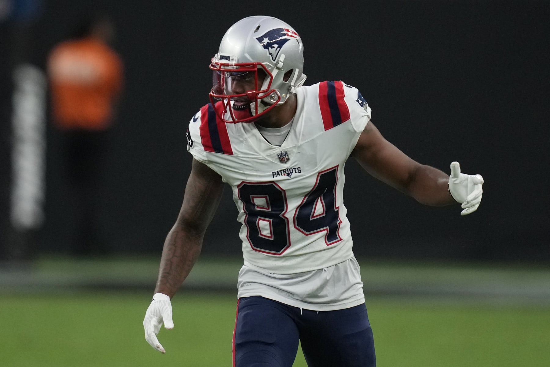 New England Patriots wide receiver Kendrick Bourne (84) plays against the Las Vegas Raiders during an NFL preseason football game, Friday, Aug. 26, 2022, in Las Vegas. (AP Photo/John Locher)