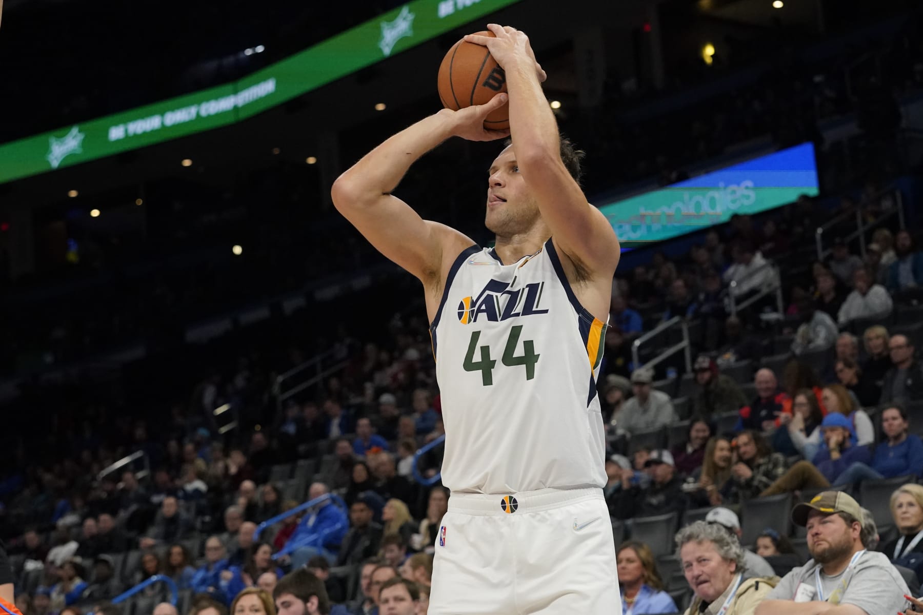 Utah Jazz forward Bojan Bogdanovic (44) shoots in the second half of an NBA basketball game against the Utah Jazz, Sunday, March 6, 2022, in Oklahoma City. (AP Photo/Sue Ogrocki)
