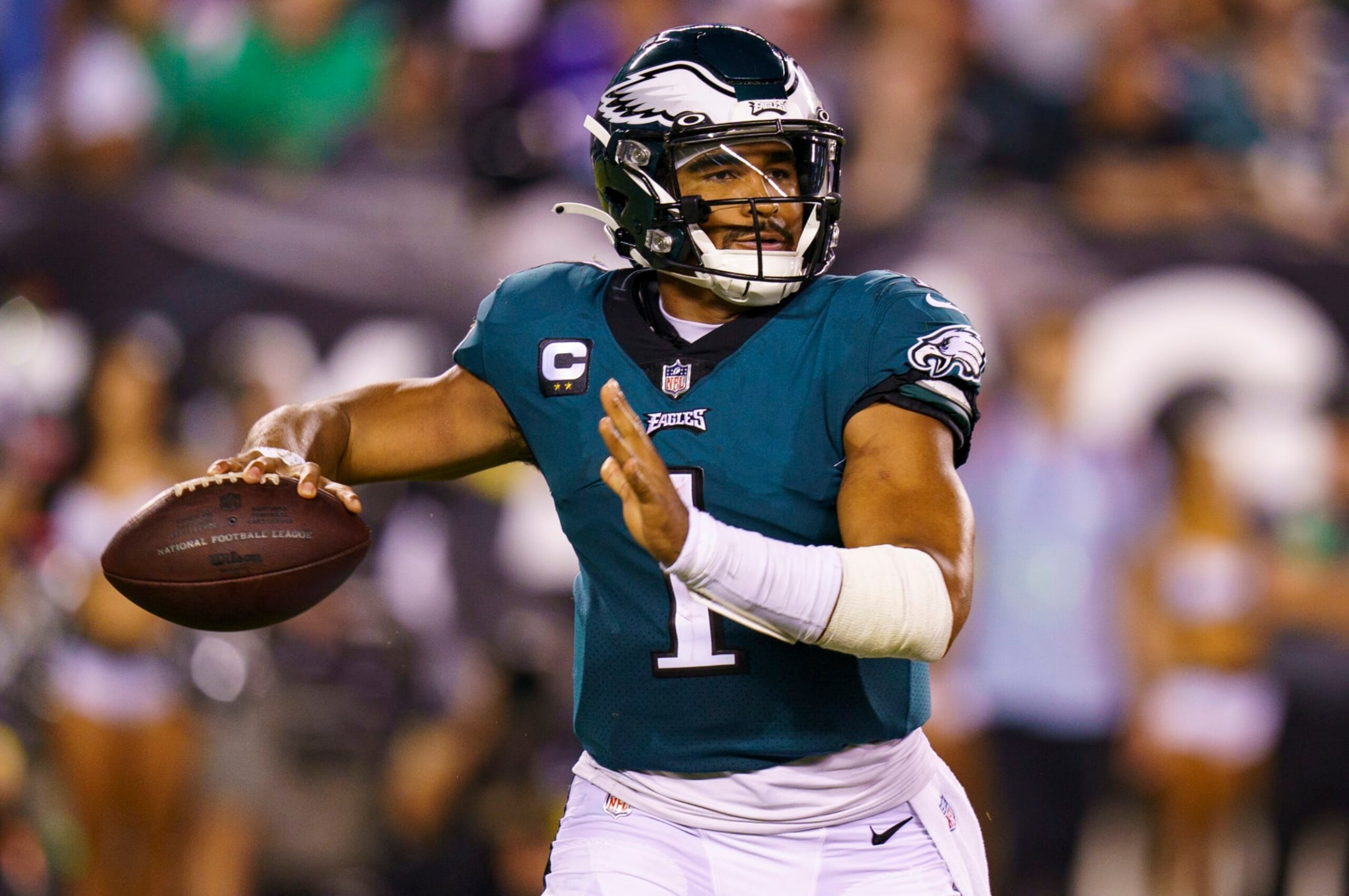Philadelphia Eagles quarterbacks Jalen Hurts (1) in action during the NFL football game against the Minnesota Vikings, Monday, Sept. 19, 2022, in Philadelphia. (AP Photo/Chris Szagola)