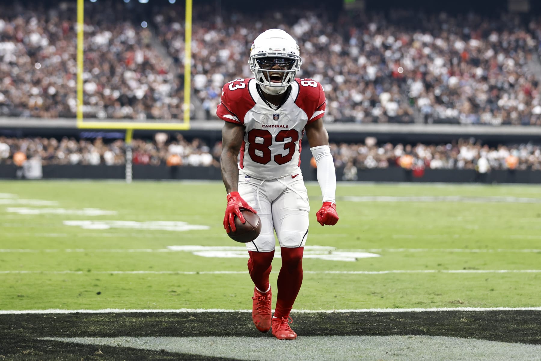 LAS VEGAS, NEVADA - SEPTEMBER 18: Greg Dortch #83 of the Arizona Cardinals reacts after scoring a touchdown against the Las Vegas Raiders during the second half at Allegiant Stadium on September 18, 2022 in Las Vegas, Nevada. (Photo by Michael Owens/Getty Images)