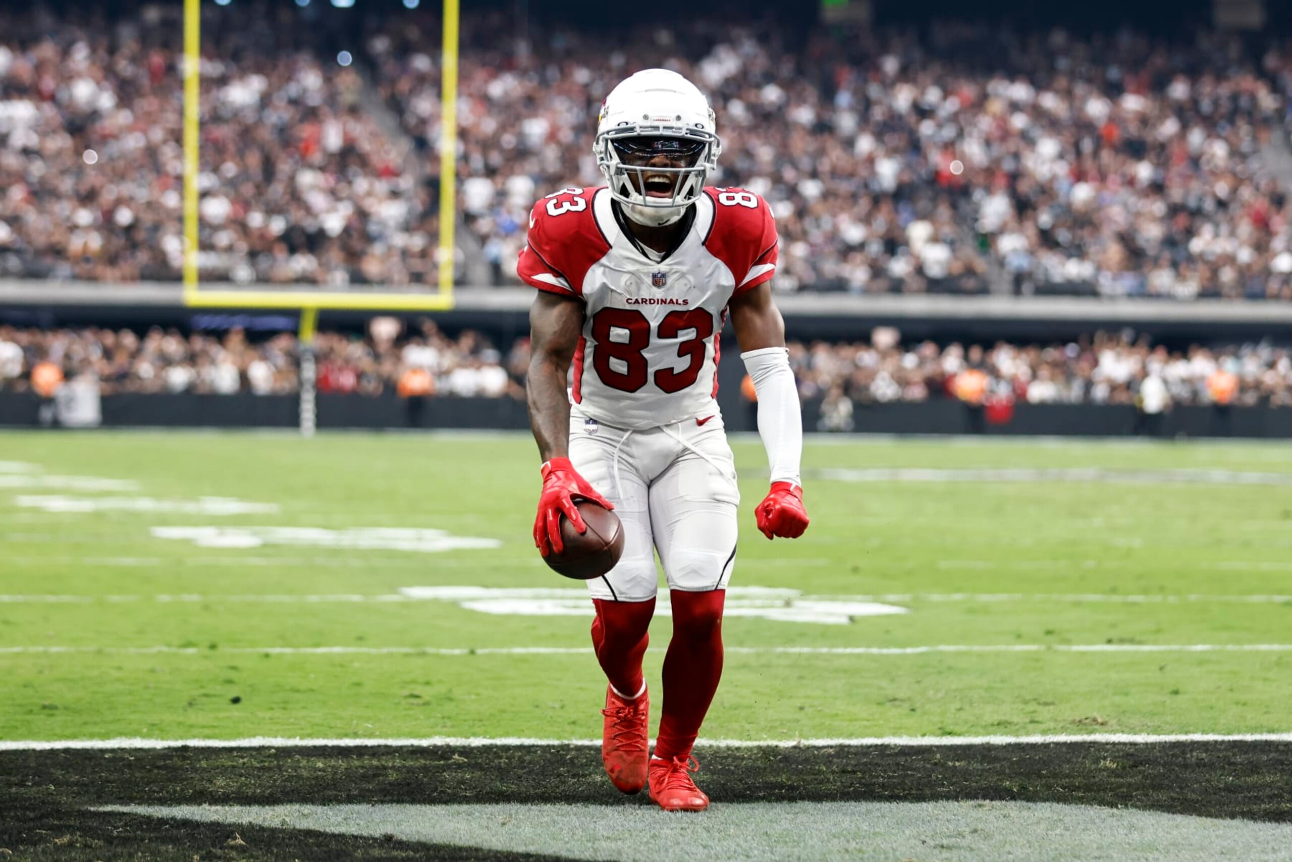 LAS VEGAS, NEVADA - SEPTEMBER 18: Greg Dortch #83 of the Arizona Cardinals reacts after scoring a touchdown against the Las Vegas Raiders during the second half at Allegiant Stadium on September 18, 2022 in Las Vegas, Nevada. (Photo by Michael Owens/Getty Images)