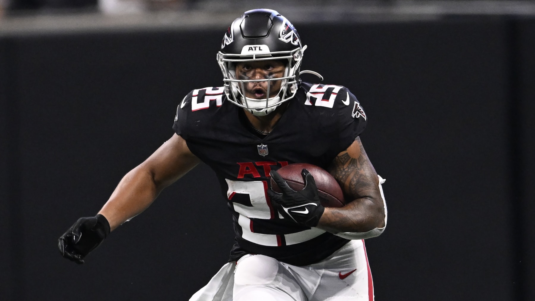 Atlanta Falcons running back Tyler Allgeier (25) runs against the Jacksonville Jaguars during the second half of an NFL football game, Saturday, Aug. 27, 2022, in Atlanta. (AP Photo/Danny Karnik)