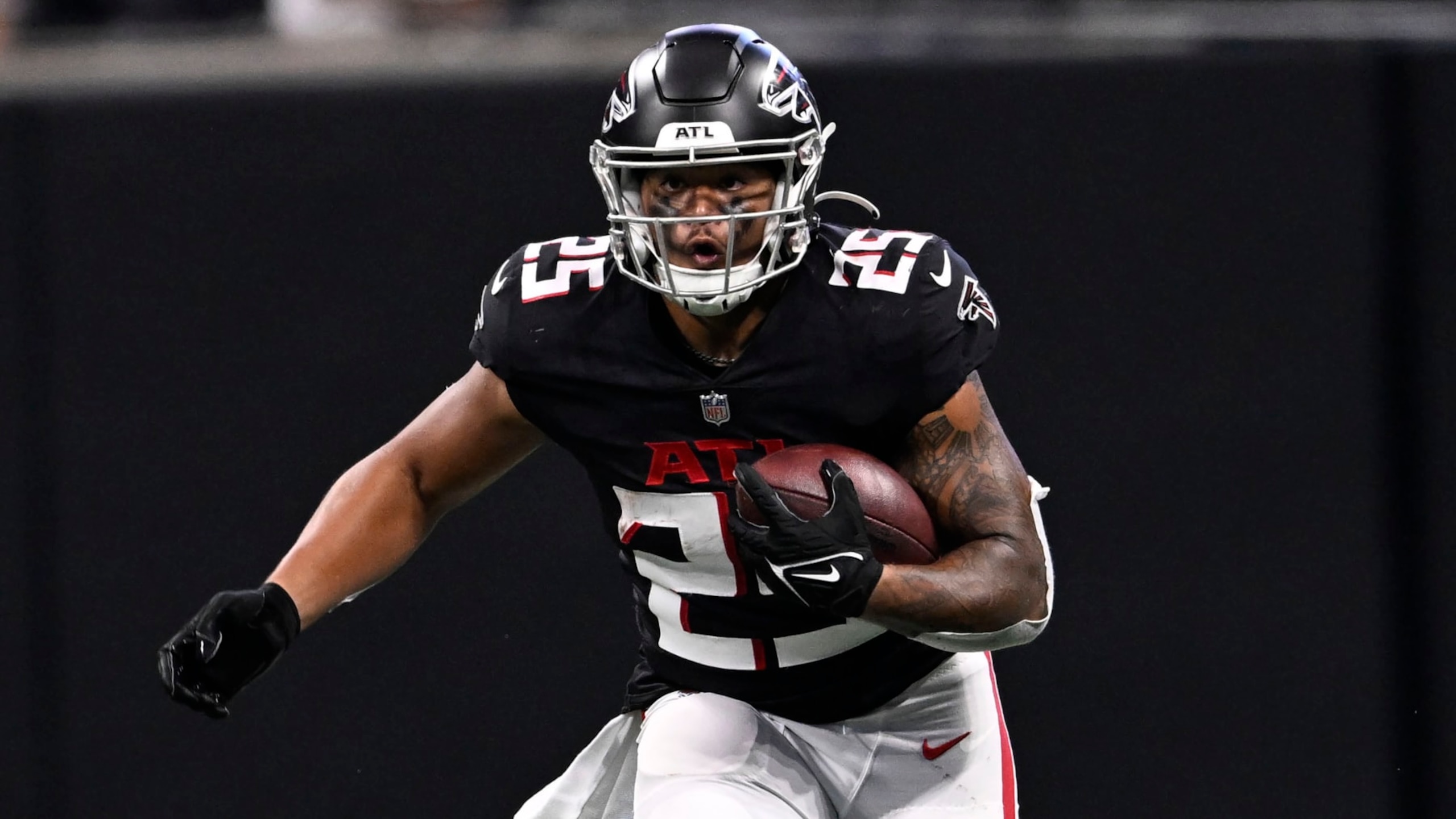 Atlanta Falcons running back Tyler Allgeier (25) runs against the Jacksonville Jaguars during the second half of an NFL football game, Saturday, Aug. 27, 2022, in Atlanta. (AP Photo/Danny Karnik)