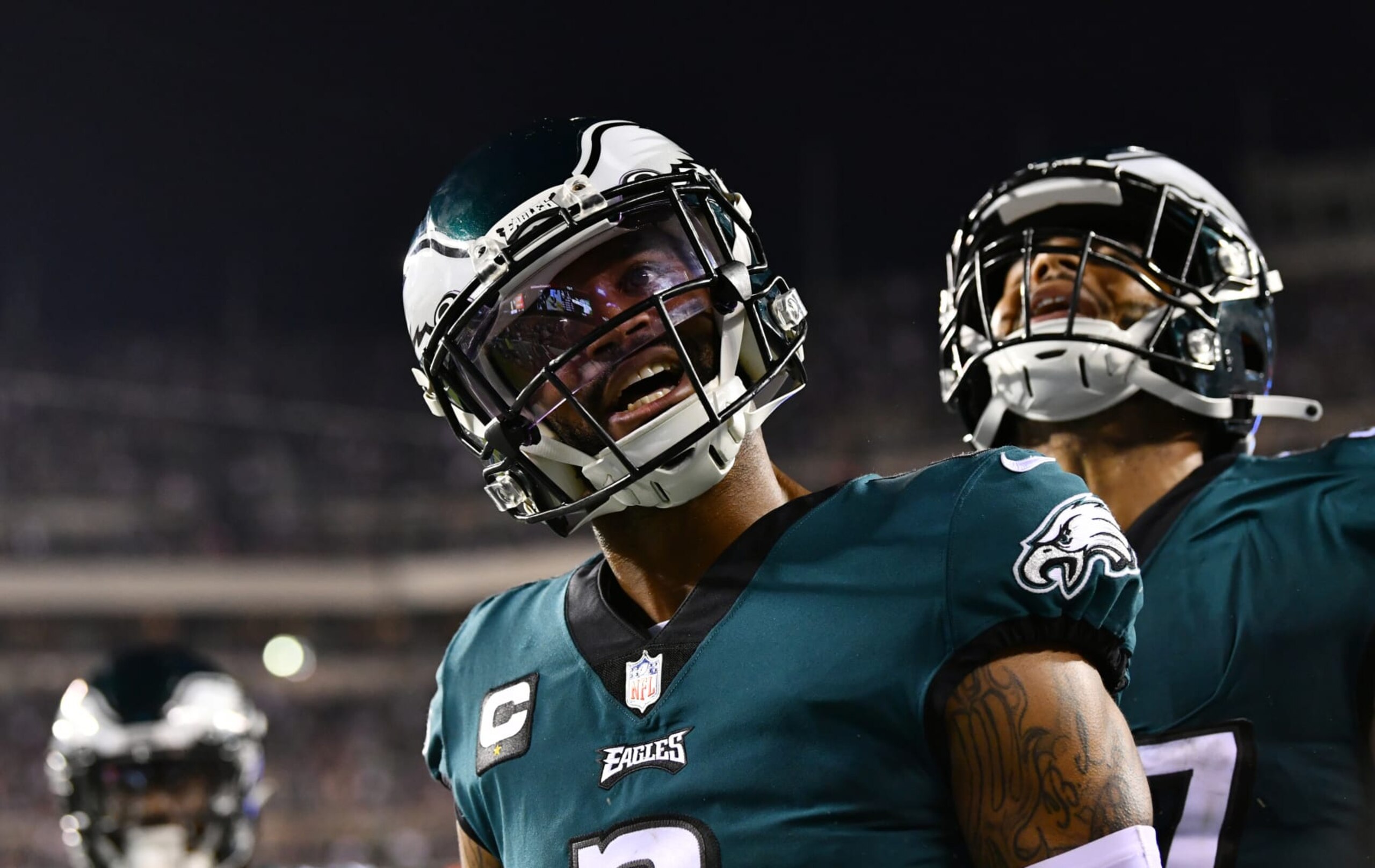 PHILADELPHIA, PA - SEPTEMBER 19: Philadelphia Eagles Cornerback Darius Slay (2) reacts after making an interception in the fourth quarter during the game between the Minnesota Vikings and Philadelphia Eagles on September 19, 2022 at Lincoln Financial Field in Philadelphia, PA. (Photo by Kyle Ross/Icon Sportswire via Getty Images)
