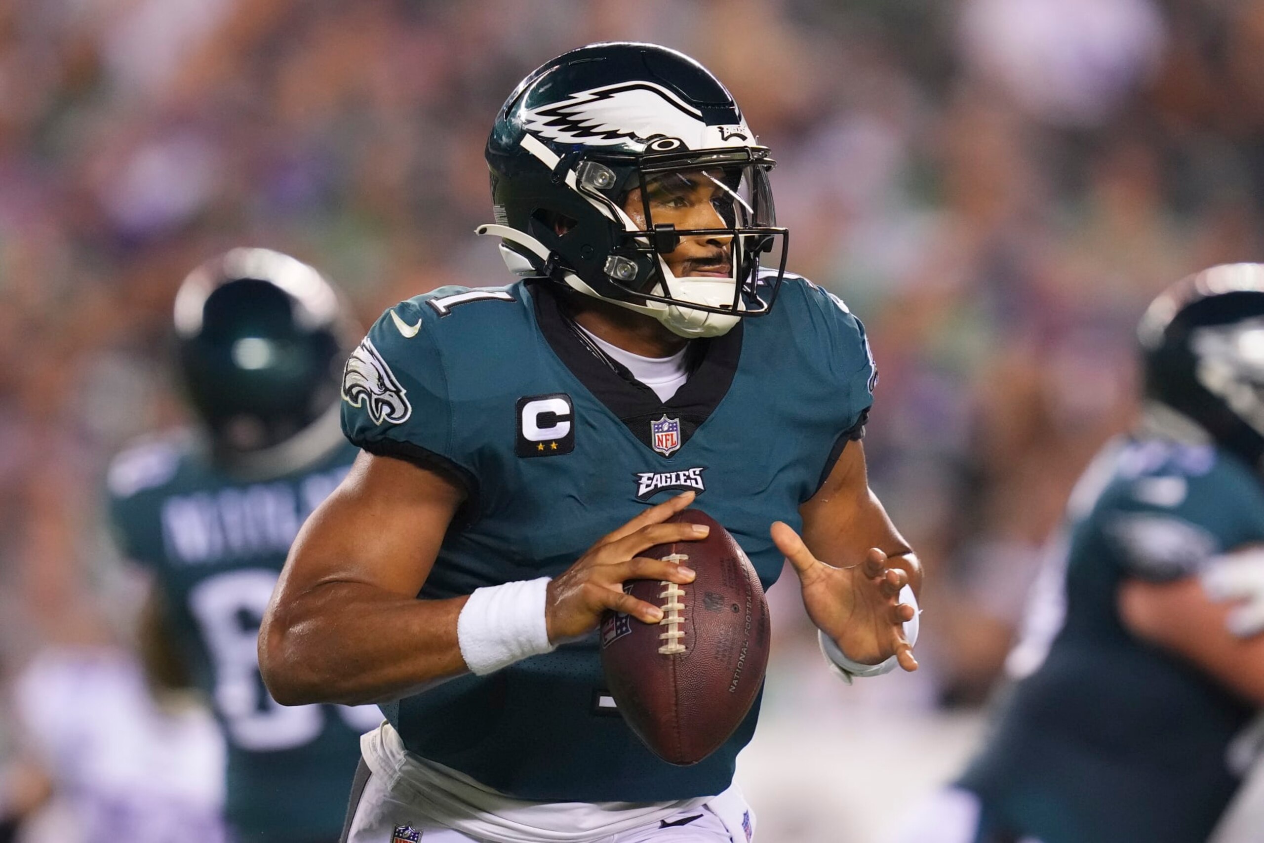 PHILADELPHIA, PA - SEPTEMBER 19: Jalen Hurts #1 of the Philadelphia Eagles looks to pass the ball against the Minnesota Vikings at Lincoln Financial Field on September 19, 2022 in Philadelphia, Pennsylvania. (Photo by Mitchell Leff/Getty Images)