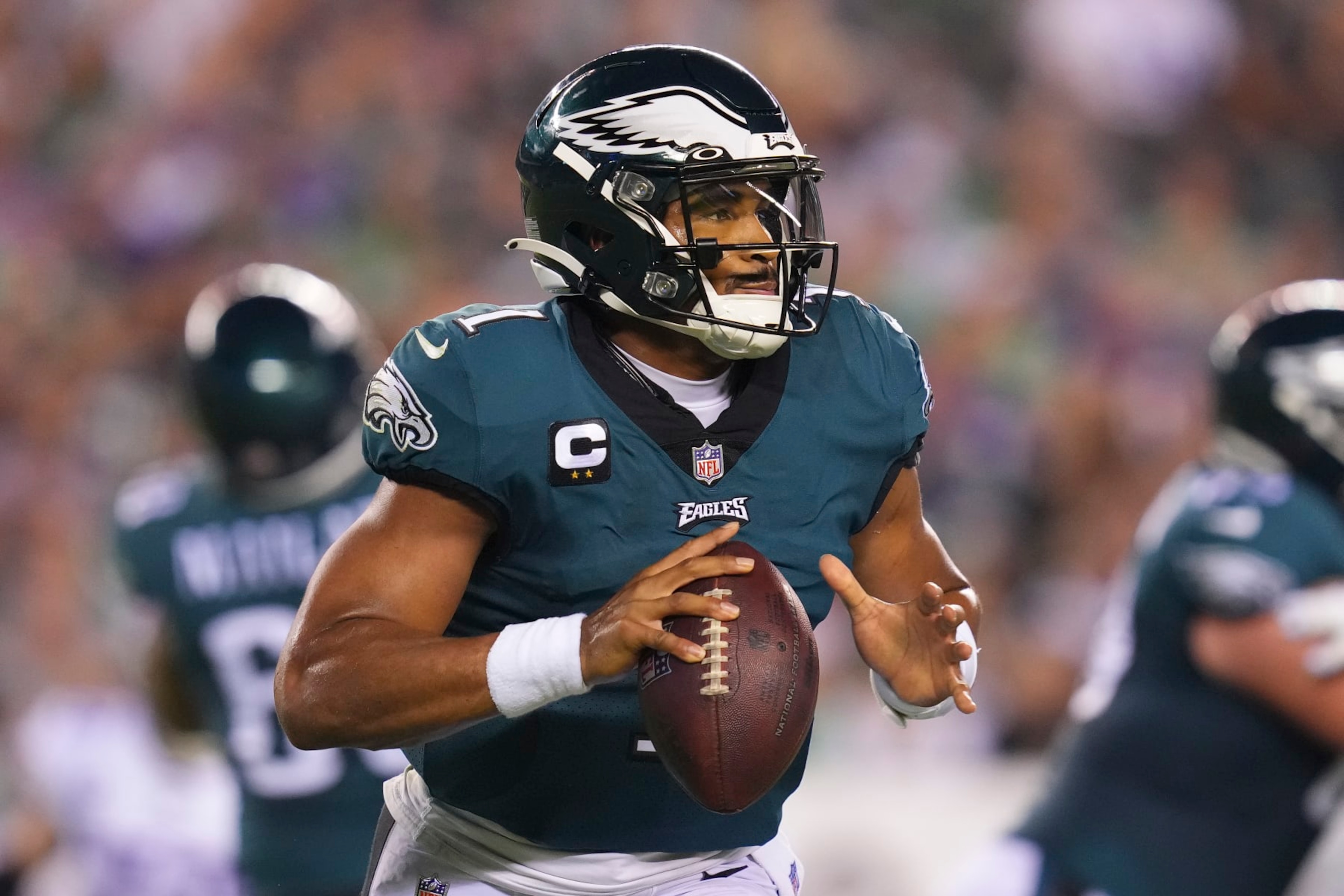 PHILADELPHIA, PA - SEPTEMBER 19: Jalen Hurts #1 of the Philadelphia Eagles looks to pass the ball against the Minnesota Vikings at Lincoln Financial Field on September 19, 2022 in Philadelphia, Pennsylvania. (Photo by Mitchell Leff/Getty Images)